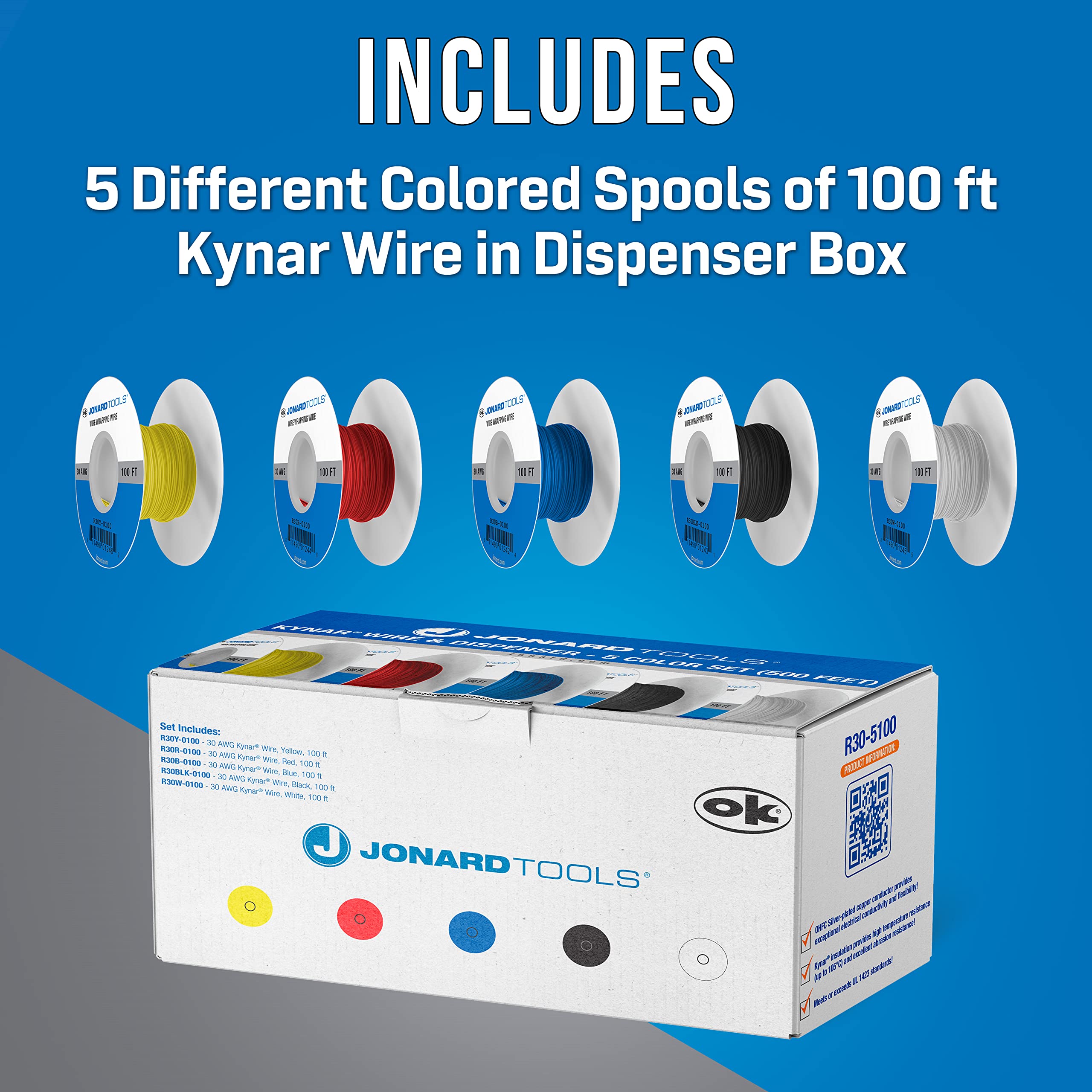 Jonard Tools R30-5100 Solid Kynar® Wire & Dispenser Box, 5 Color Set (500 ft)