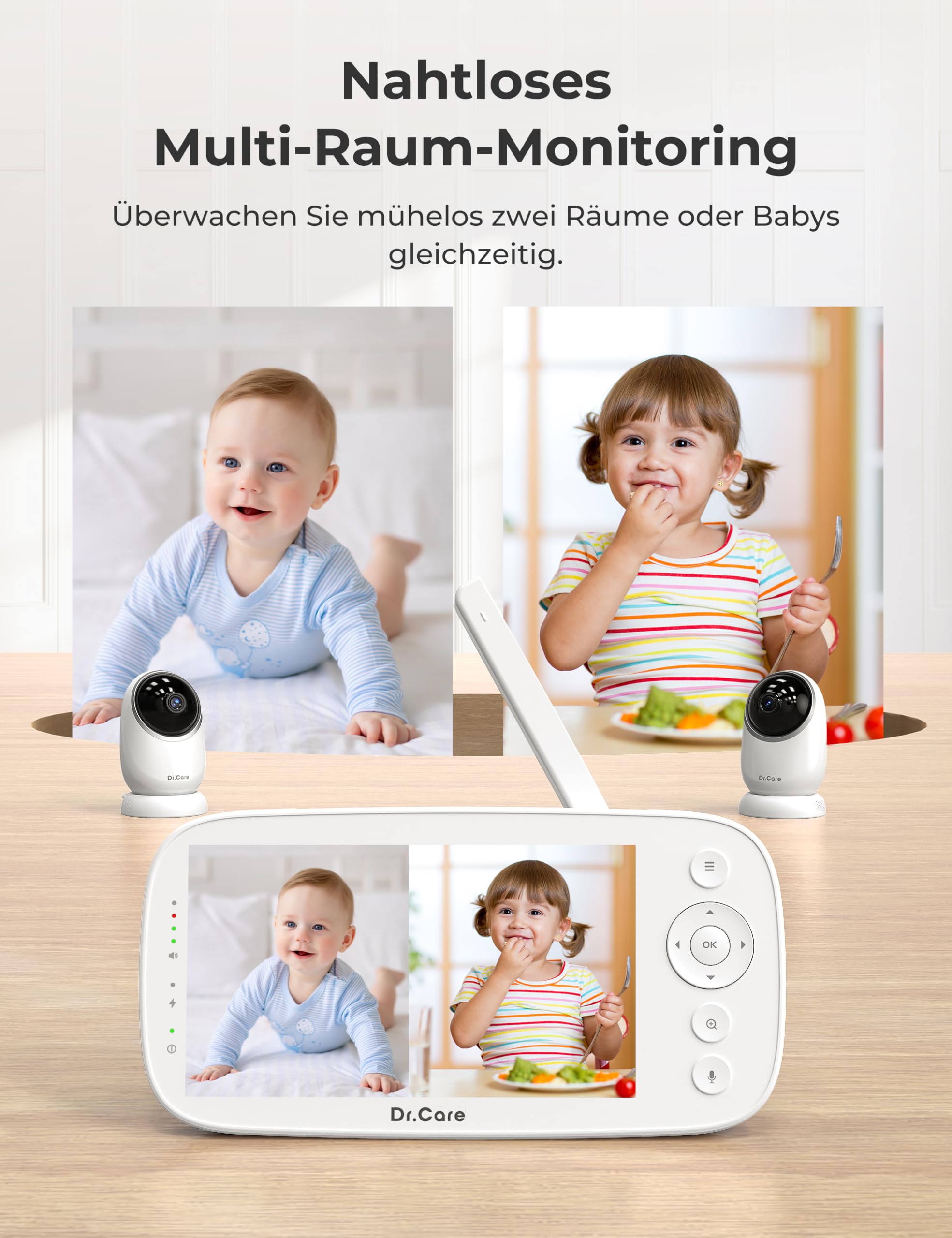 Dr.Care NovaView Pro Babyphone ohne WLAN mit Bewegungsmelder 5 Zoll 1080P Display 5000mAh Akku klare Nachtsicht Echtzeit VOX 2x/4x Zoom 300 m Reichweite 2-Wege-Audio Schwenk- und neigbare Kamera