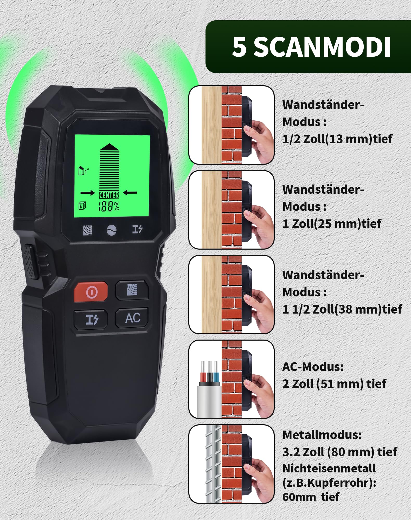 Detector, Sensor Electrónico 5 En 1, Escáner De Pared, Detector De Tubería Metálica – Con Pantalla LCD Y Alarma, Para Detectar Madera, Metales, Cables Eléctricos Y Objetos Magnéticos O No Magnéticos