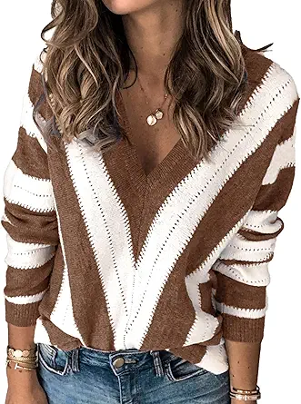 PRETTYGARDEN Sweaters for Women 2025 Long Sleeve Striped Knitted V Neck Pullover Jumper Tops Fall Outfits Fashion Clothing