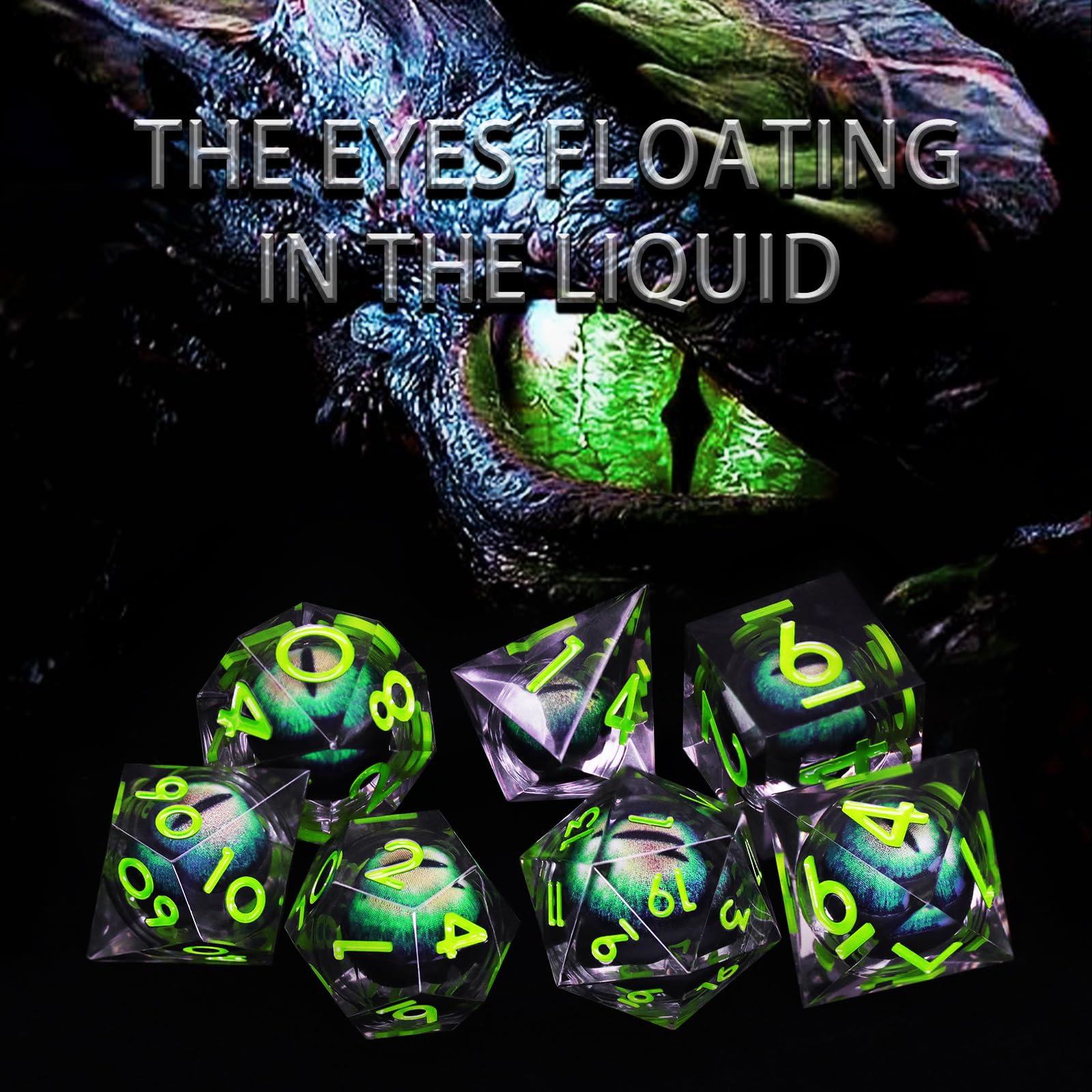 et Dadi D&D per Dungeons and Dragons Set Dadi DND Poliedrici Nucleo Liquido Dadi in Resina Occhio di Drago 7 Pezzi DND Dice Set (Verde)