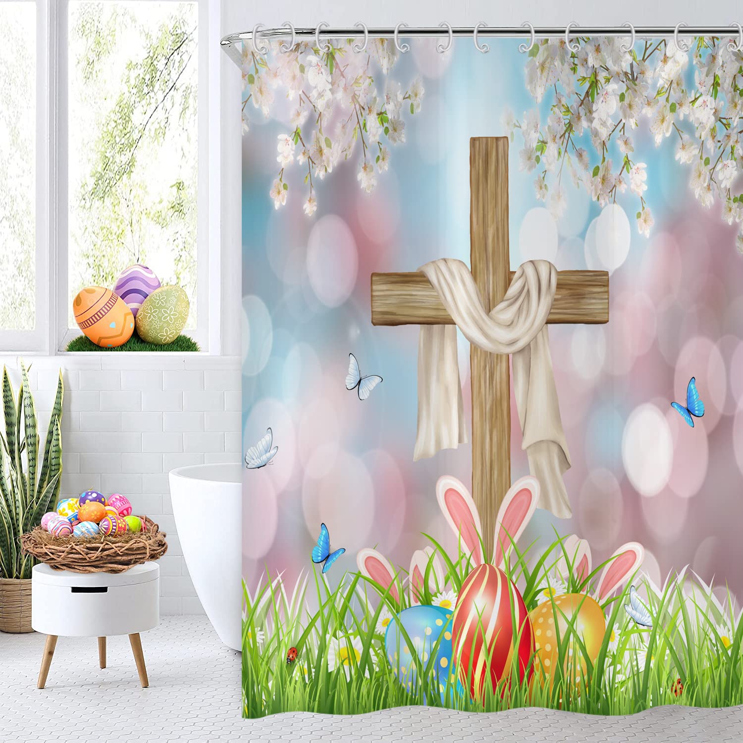 Tenda Da Doccia Pasquale 180x180cm - Con Coniglietti, Uova E Fiori, Impermeabile E Lavabile - Foto 7