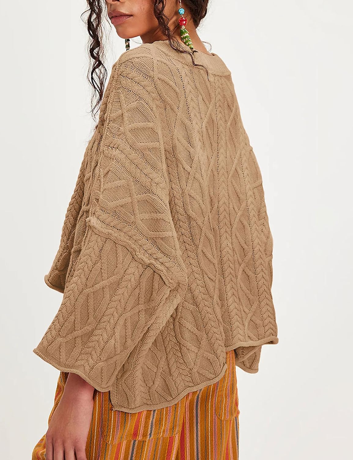 Zontroldy Women's Crewneck Lantern Sleeve Boxy Cable Knit Sweater Cropped Pullover Sweaters Jumper - Image 4