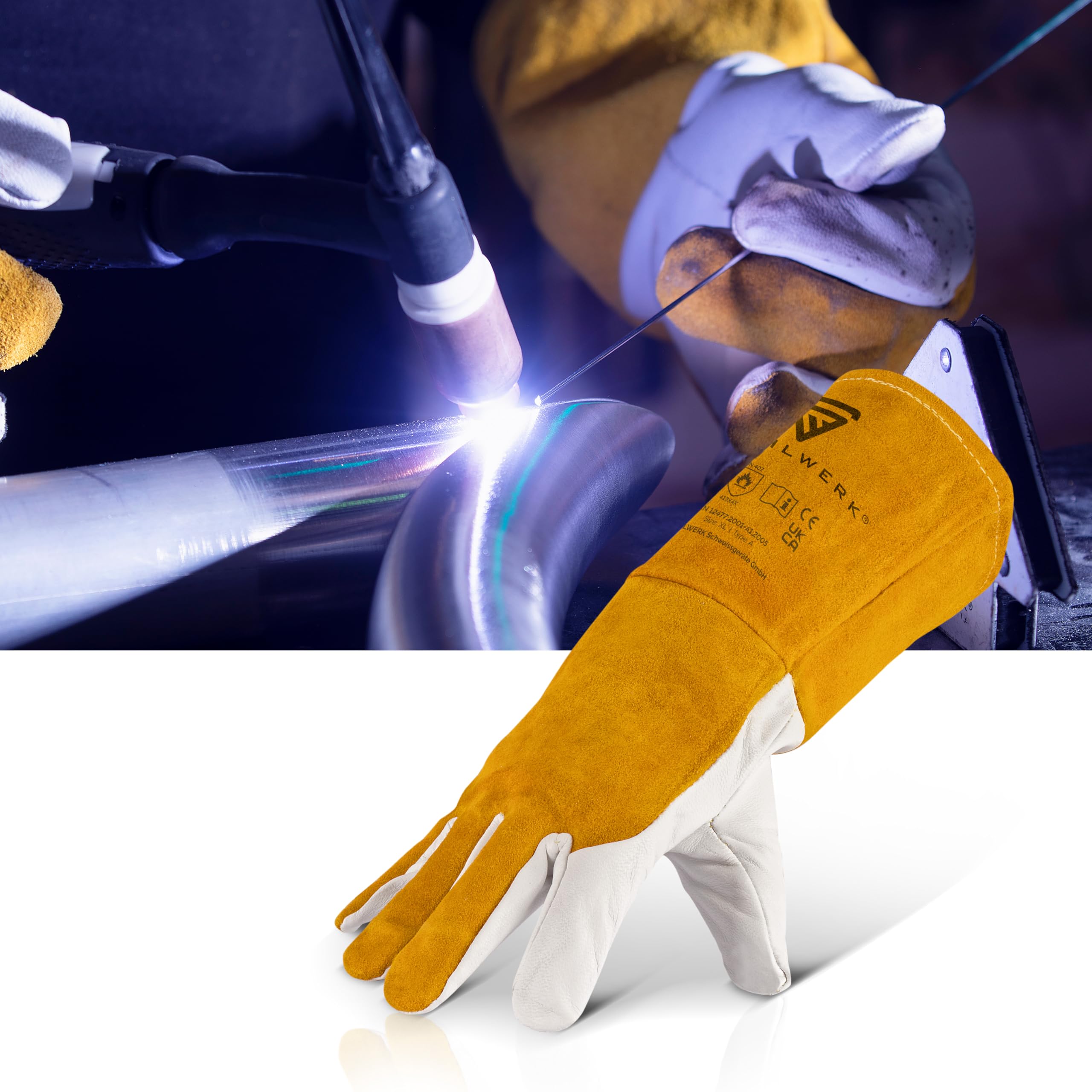 STAHLWERK Schweißerhandschuhe aus Rindspaltleder 2 Paar – Hitze- und feuerbeständige Schweißhandschuhe für WIG, MIG/MAG, MMA, Plasma mit Unterarmschutz, Nahtloser Daumen-Übergang, Einheitsgröße (34cm)