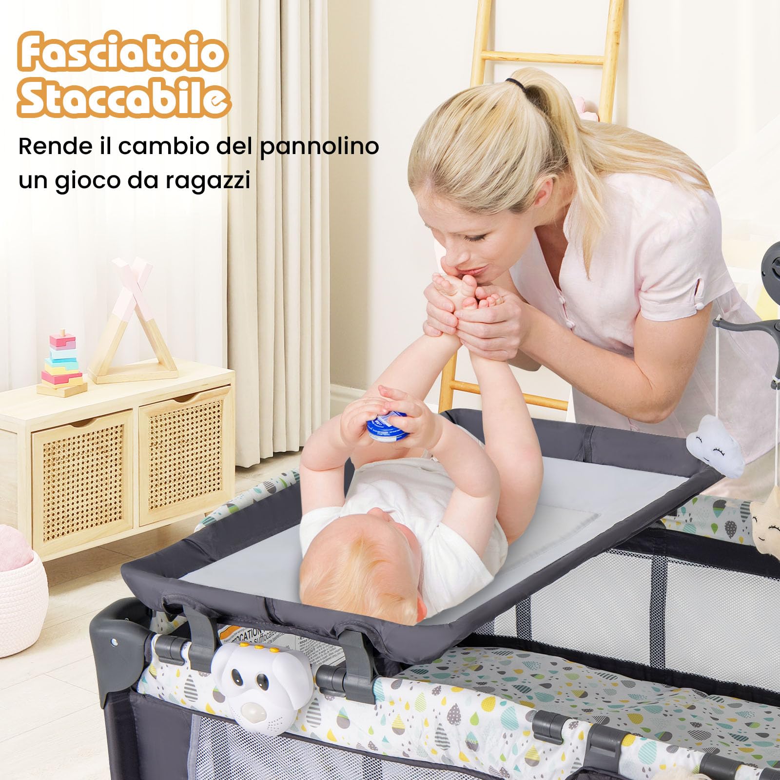 COSTWAY 4 in 1 Lettino da Campeggio per Bambini, Lettino Pieghevole con Materasso, Box Bambini Portatile con Borsa, Culla Lettino con Fasciatoio, Ruote, Portata 15 kg, 102 x 72 x 74 cm (Grigio+Beige)