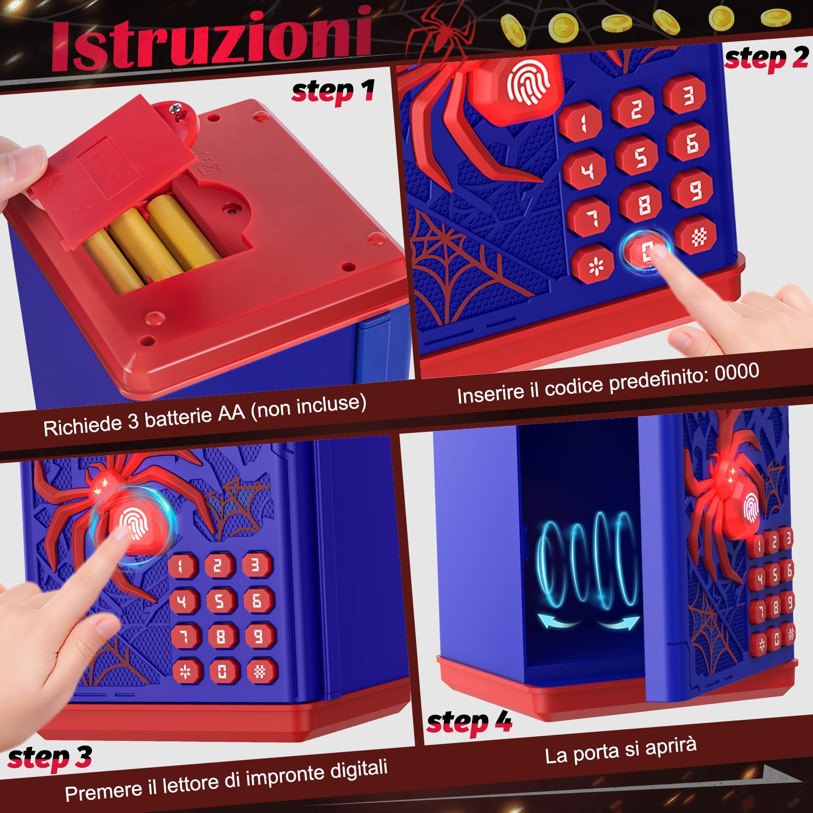 Yellcetoy Salvadanaio Elettronico per Bambini, Spider Cassaforte con Codice di Sicurezza e Musica, Compleanno Regali di Natale per Ragazzi Ragazze 3 4 5 6 7+ anni Blu