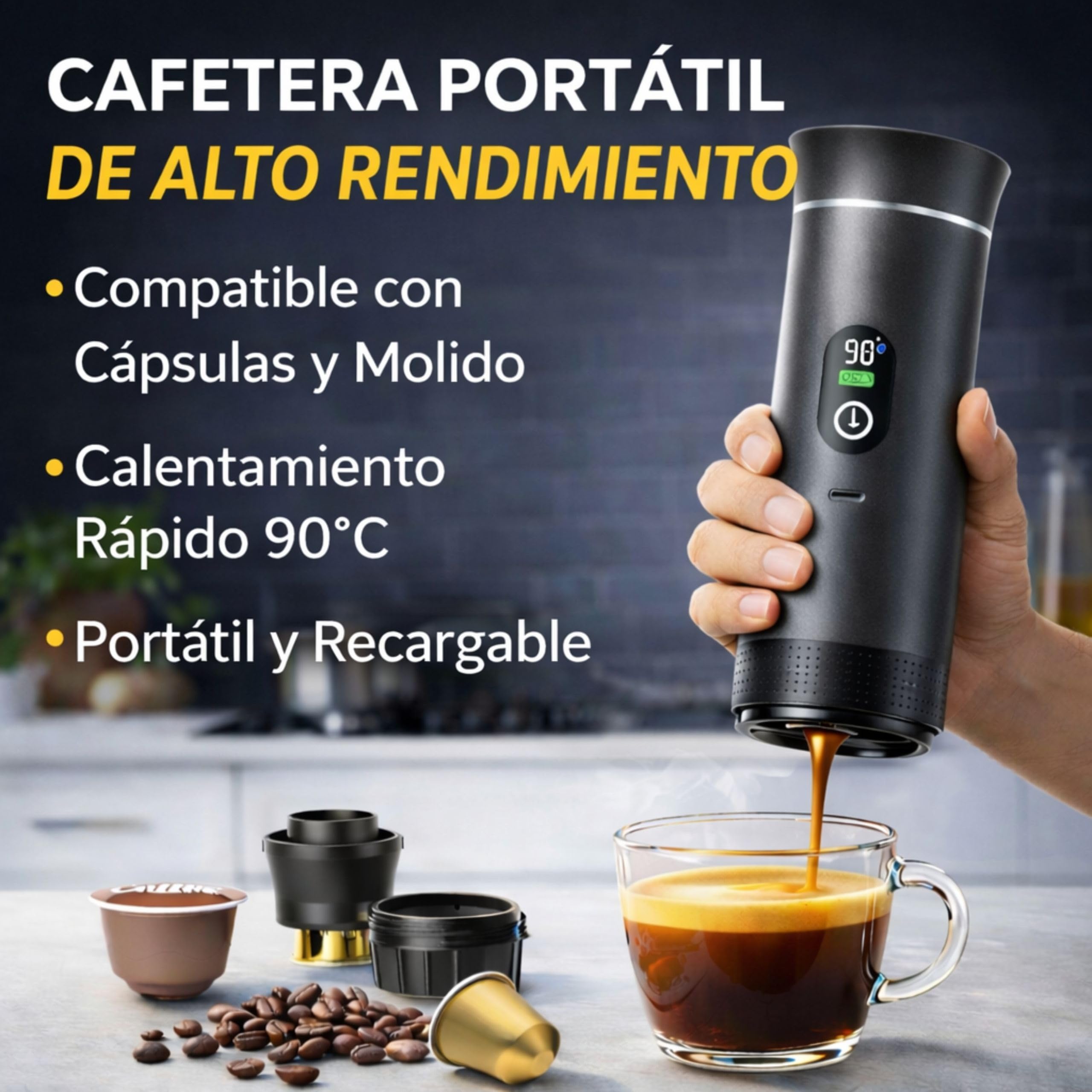 Caffettiera portatile capsule compatibile con Nespresso Dolce Gusto e Caffè Macinato - Versione migliorata 2026 - Coffe Machine - Macchina da caffè portatile a capsule universale con display LED e più