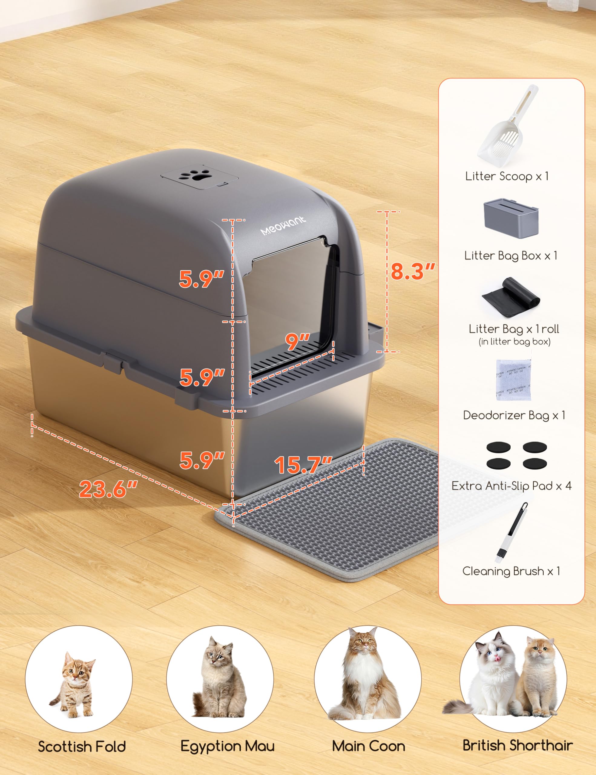 Meowant Lettiera per Gatti in Acciaio Inox, 81L Lettiera Gatto Chiusa XXL, Toilette Grande per Gatti con Paletta e Tappetino, Antiaderente, Antiodore, Facile da Pulire, 60 x 40 x 45 cm, Grigio