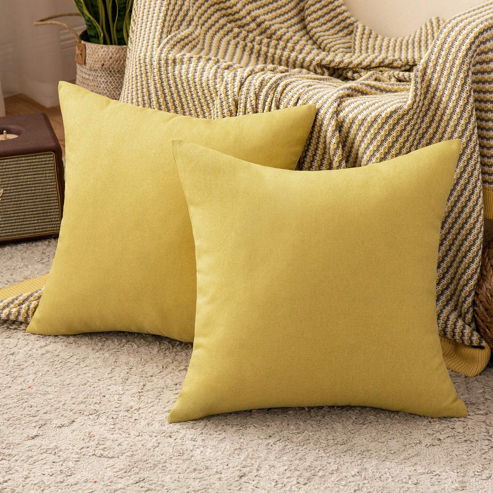 MIULEE Pack of 2 Outdoor Linen Farmhouse Throw Pillow Covers Decorative Vintage Square Pillowcases Waterproof Cushion Covers Cases for Couch Garden Sofa Home Living Room 16x16 inch Yellow
