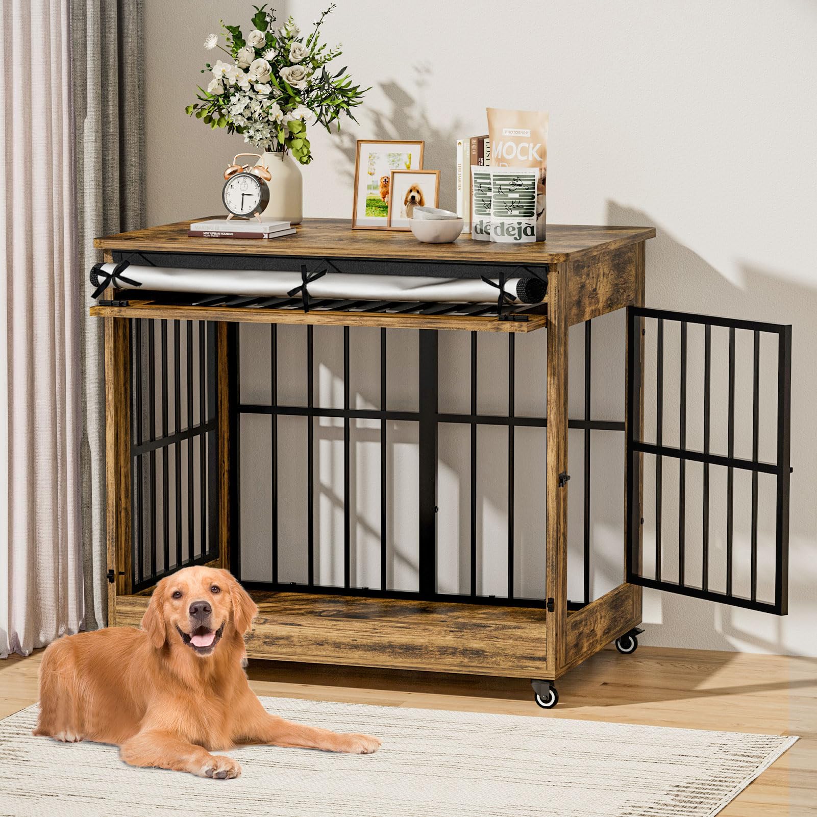 42" Large Dog Crate Furniture, Double Door Wooden Indoor Dog Kennel Furniture, Pet Cage Decorative with Wheels for Large Breed Dogs, Size XL, Rustic Brown