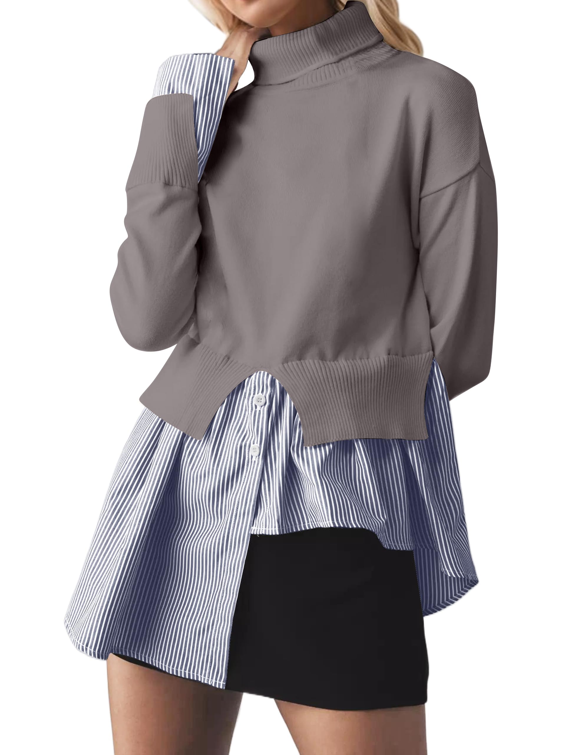 Turtleneck Asymmetrical Sweaters for Women Patchwork 2 in 1 Pullover Knit Sweater Slit Button Down Shirt 2026 Fall
