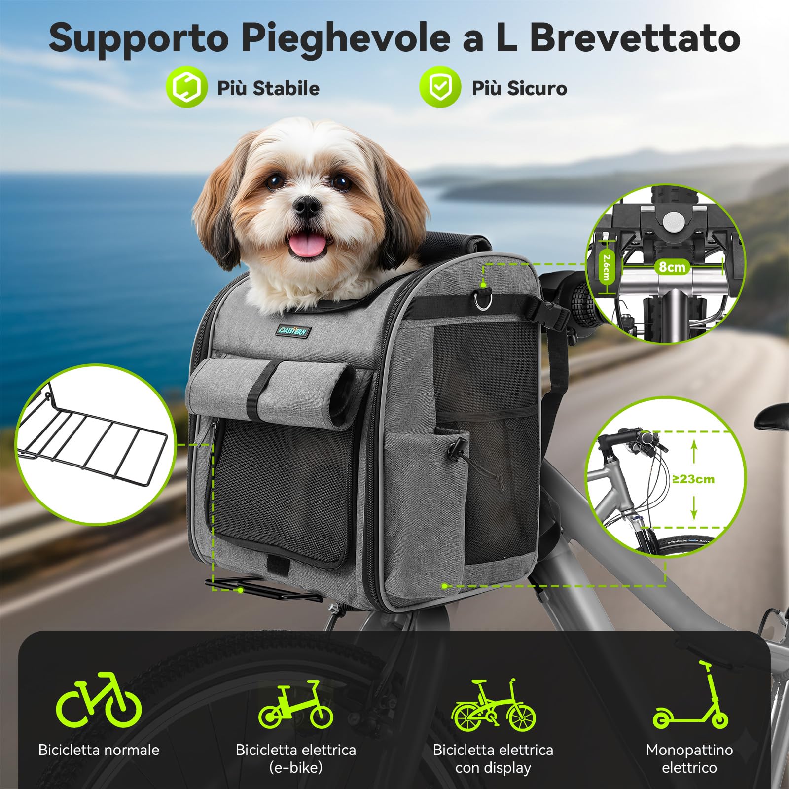 Cestino anteriore per cani, 4 in 1, pieghevole, per animali domestici, borsa a tracolla, sedile auto con supporto a L resistente, diametro 3,38 cm, cuscino impermeabile e strisce riflettenti