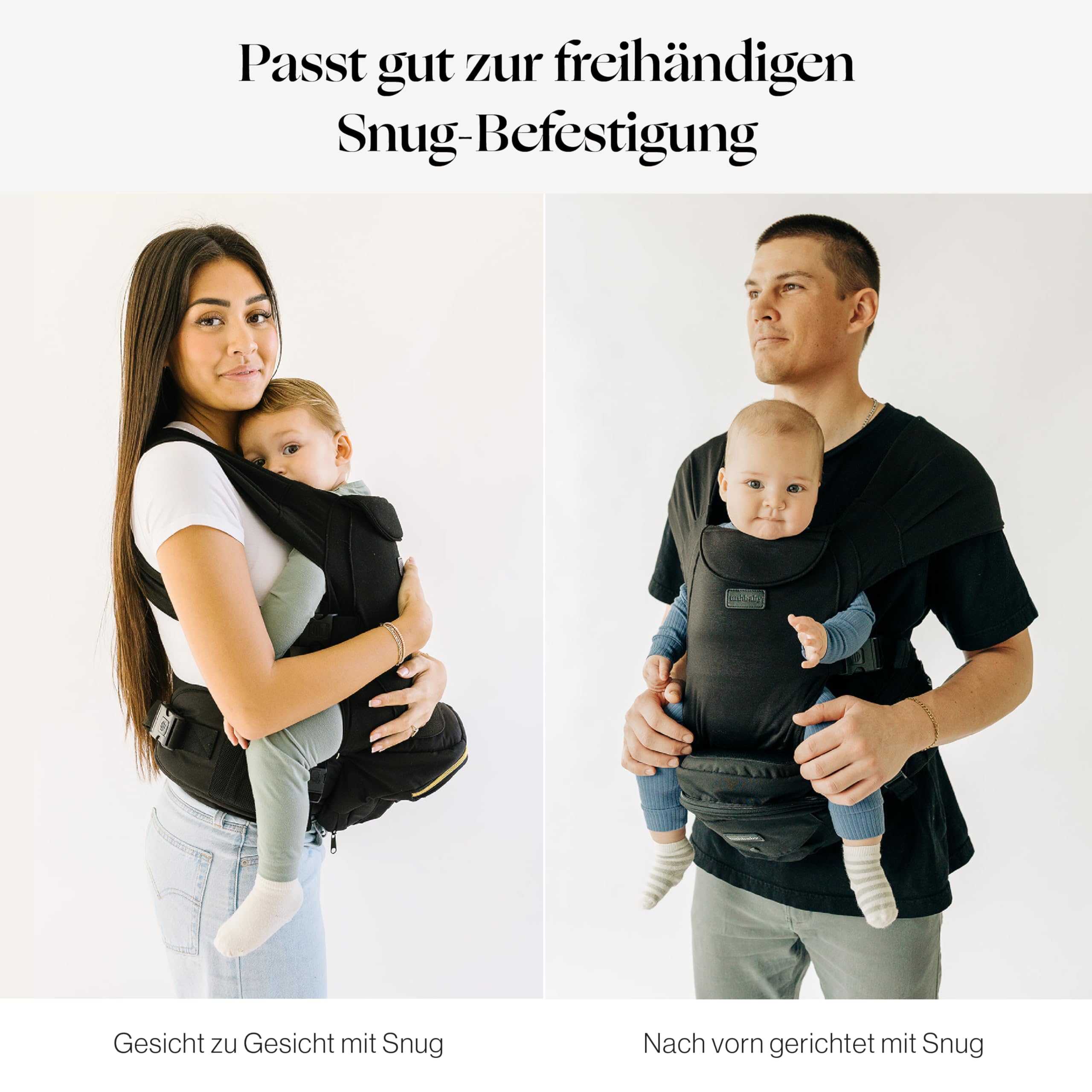 Tushbaby Pearl Babytrage für Neugeborene ab Geburt, 3,6-9 kg, Schwarz | Ergonomische Trage für Baby und Neugeborenes mit Stauraum, Flaschenhalter und Tuchbefestigung, verstellbare Gurte