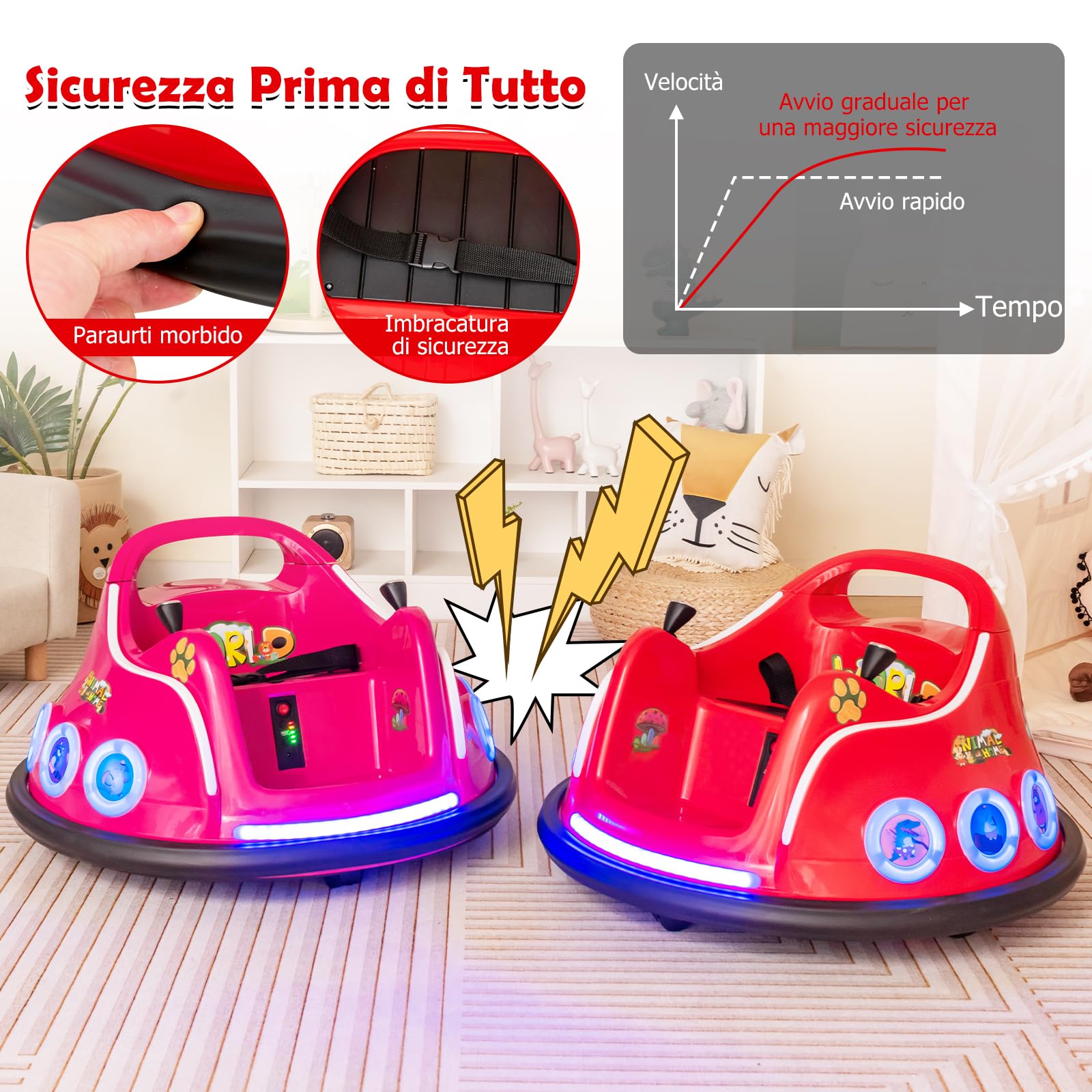 RELAX4LIFE Autoscontro Elettrico 12V per Bambini 3 ANNI+, con Telecomando 2,4G, Rotazione a 360 Gradi, Luci, Musica e Connessione Wireless, 73 x 73 x 43 cm (Rosso)