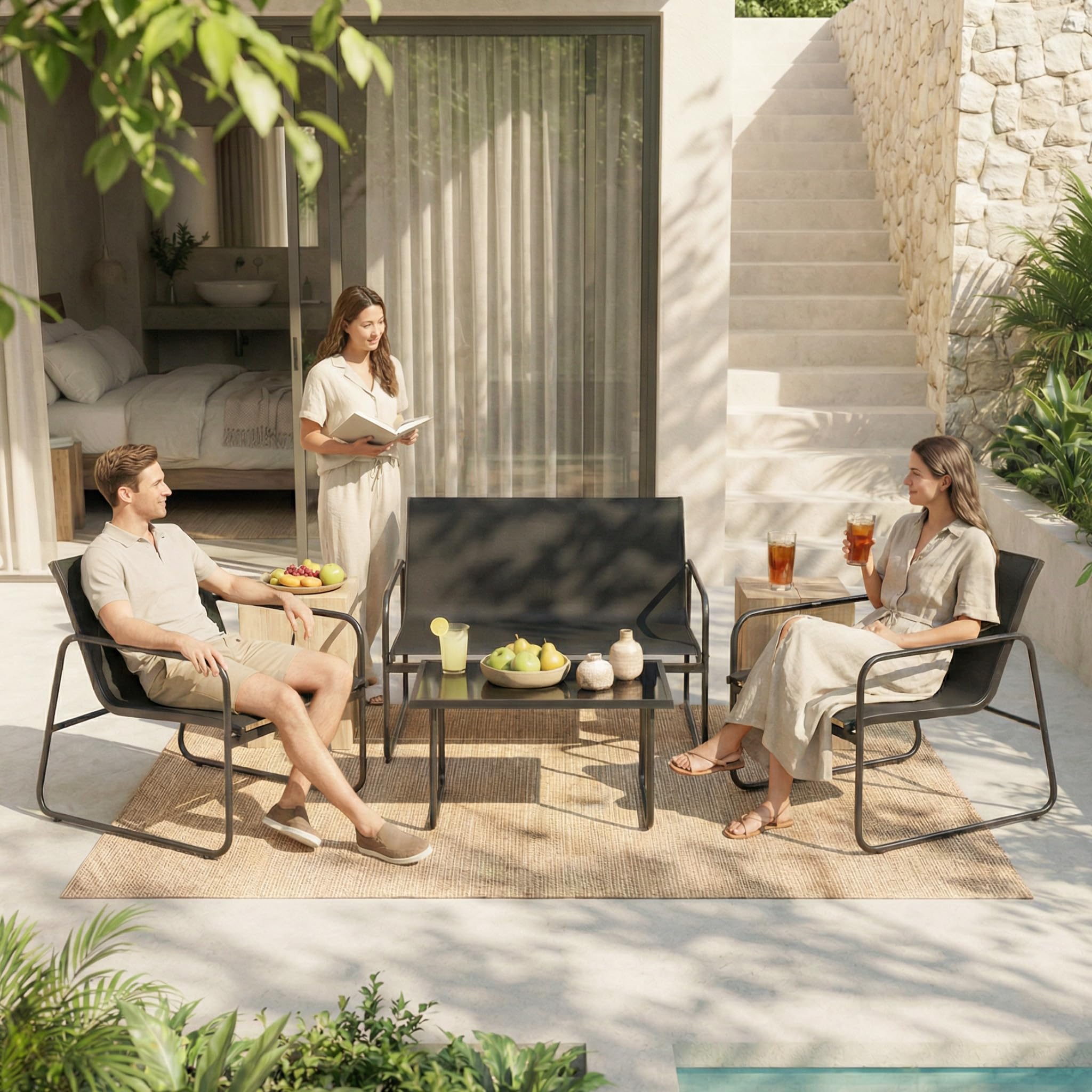 Mondeer Salon de Jardin Exterieur 4 Personnes, pour Terrasse Balcon (Noir) | Mobilier de Jardin avec 2 Places 2 fauteuils 1 Table Basse, Métal et Textilène