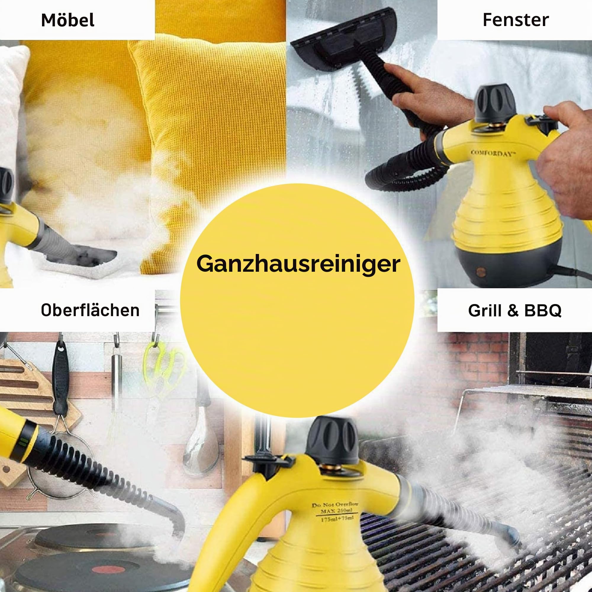 Comforday Dampfreiniger Handgerät Hand Dampfreiniger Handgerät Mit 9 Fleckenentfernungszubehör Eliminates Grease Küche Autositze und Vieles Mehr, Sofa-Reiniger Fleckenentferner, Steam Cleaner