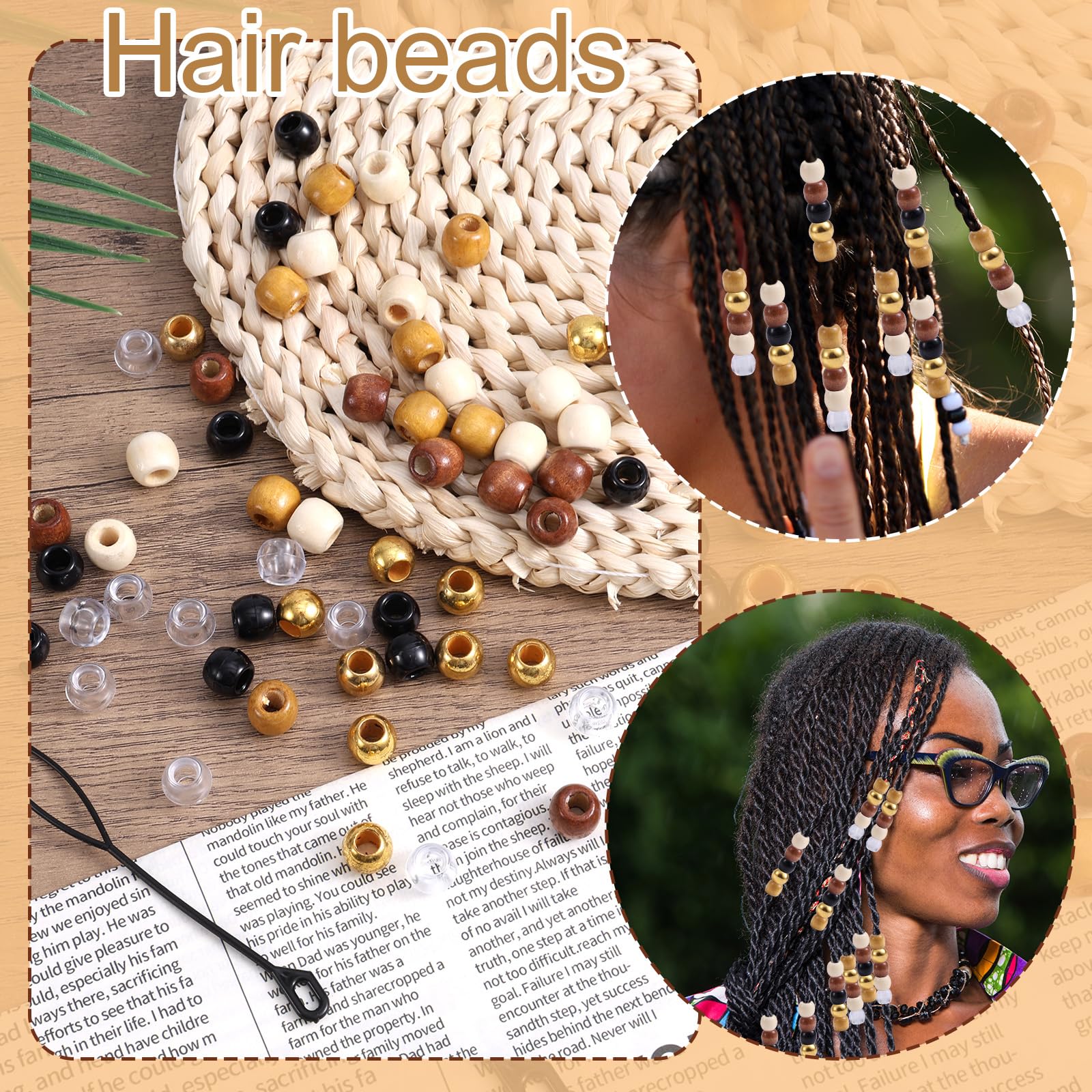 NBEADS 200 Perline Per Dreadlocks E Trecce - Legno Imitazione, 8 Stili, Foro Grande 5.5-8.5 Mm