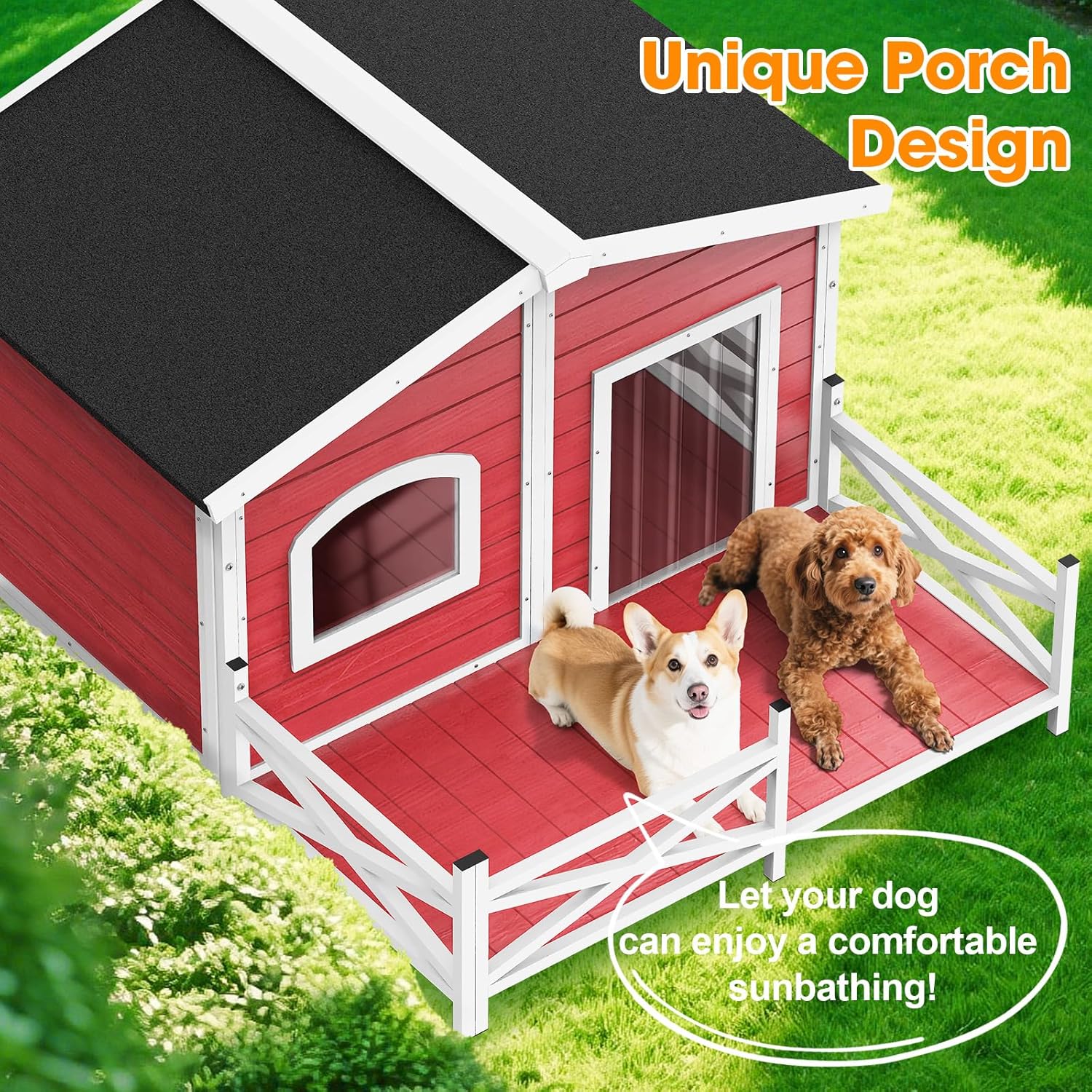 Large Dog House with Porch, Outdoor Dog House Keep Safe in All Weather, Large Porch and All-Around Iron Frame Design Dog Home for Small Medium Large Breed Dogs
