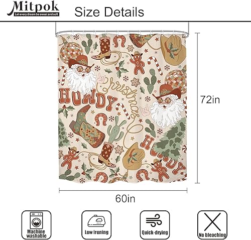 Miniatura 5 de Cortina de ducha navideña de 60 pulgadas de ancho x 72 pulgadas de alto, feliz Navidad, vaquero occidental, Papá Noel, retro, años 70, pino, cactus,