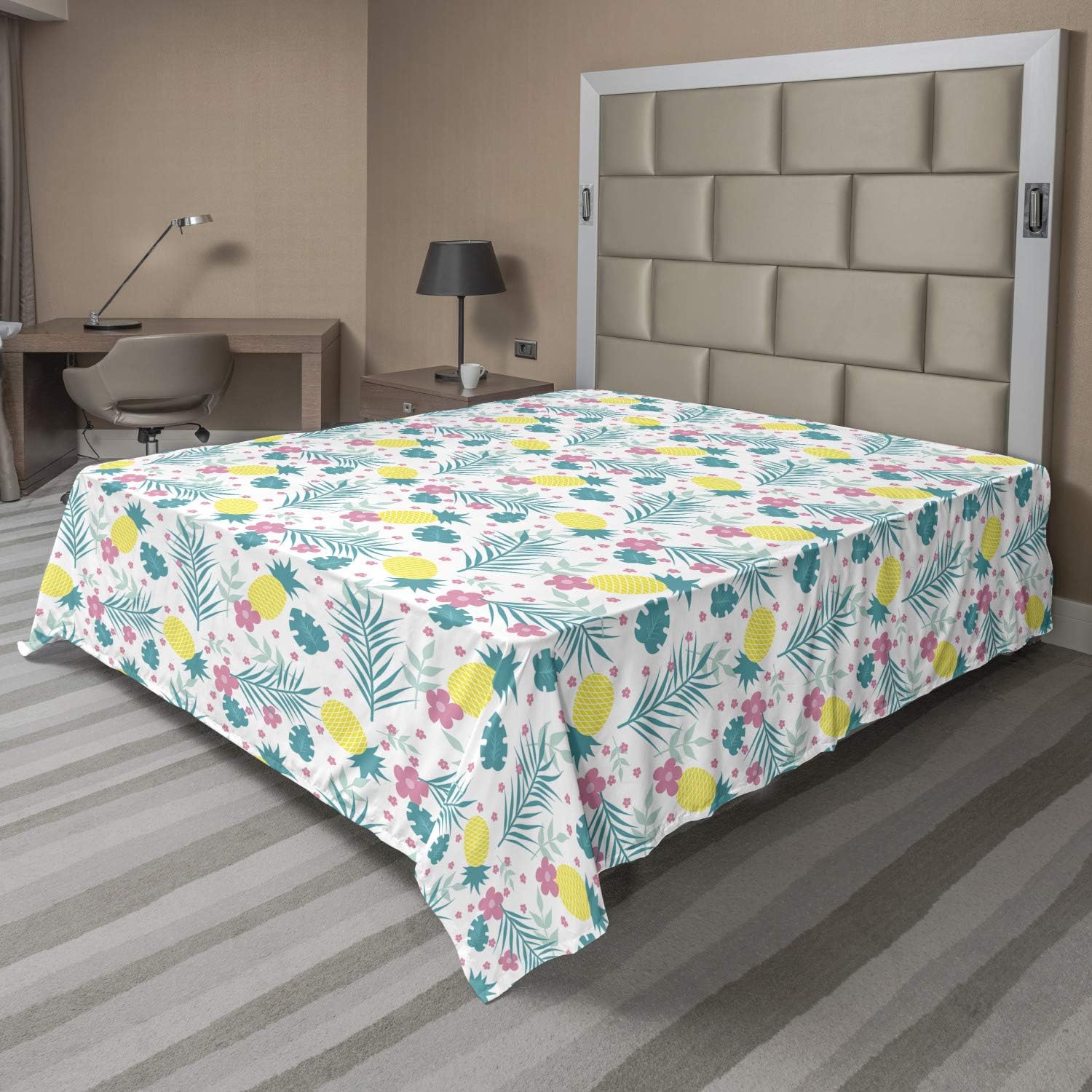 Ambesonne Tropical Flat Sheet, Pineapples Hawaiian Flowers Areca Palm and Monstera Leaves Graphic, Soft Comfortable Top Sheet Decorative Bedding 1 Piece, Queen Size, Petrol Blue Yellow Pink