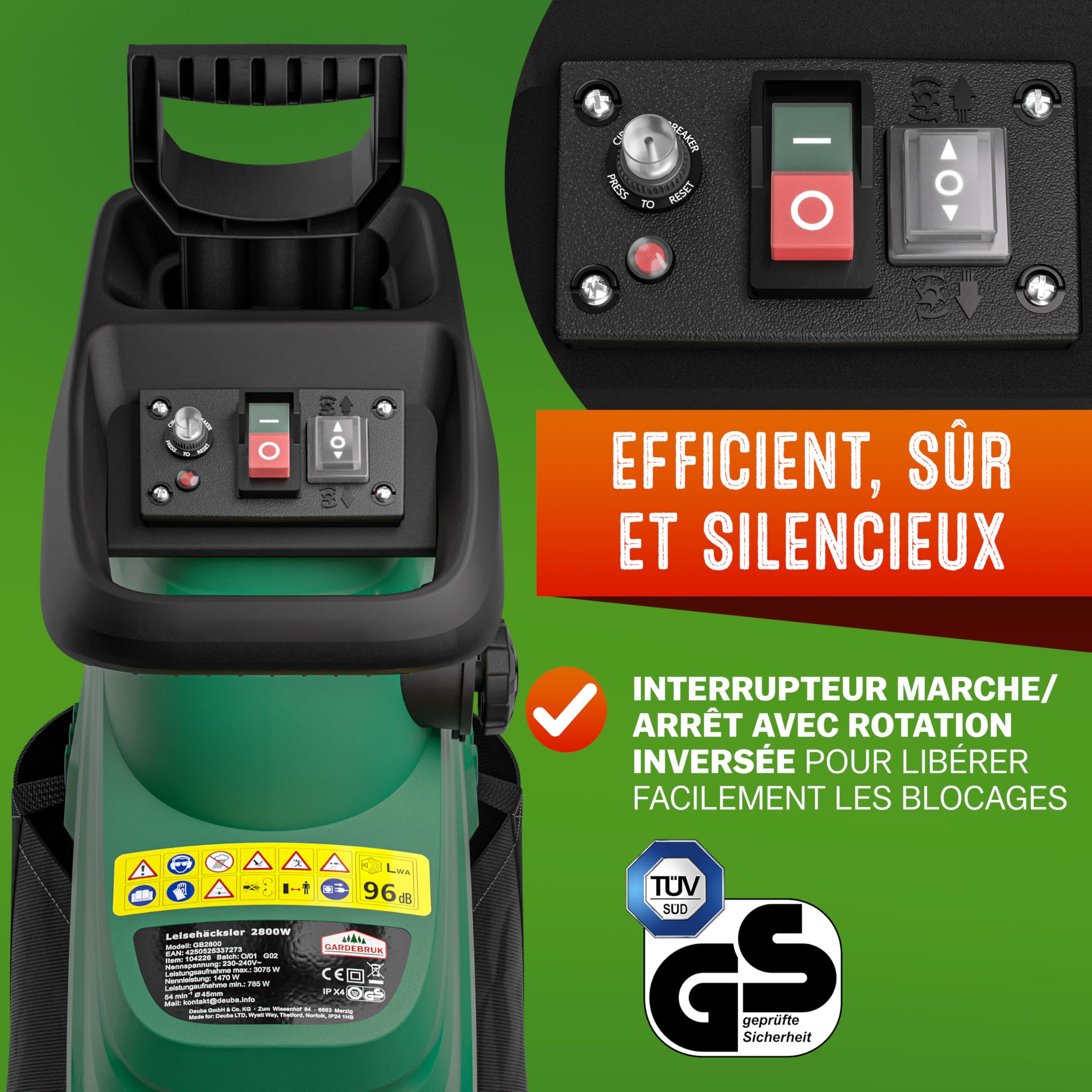 GARDEBRUK® Broyeur de végétaux électrique 3.100W Max. 44mm Sac 2X 60L broyeur à Rotor broyeur végétaux Silencieux à Rouleau Jardin déchets Verts Compost