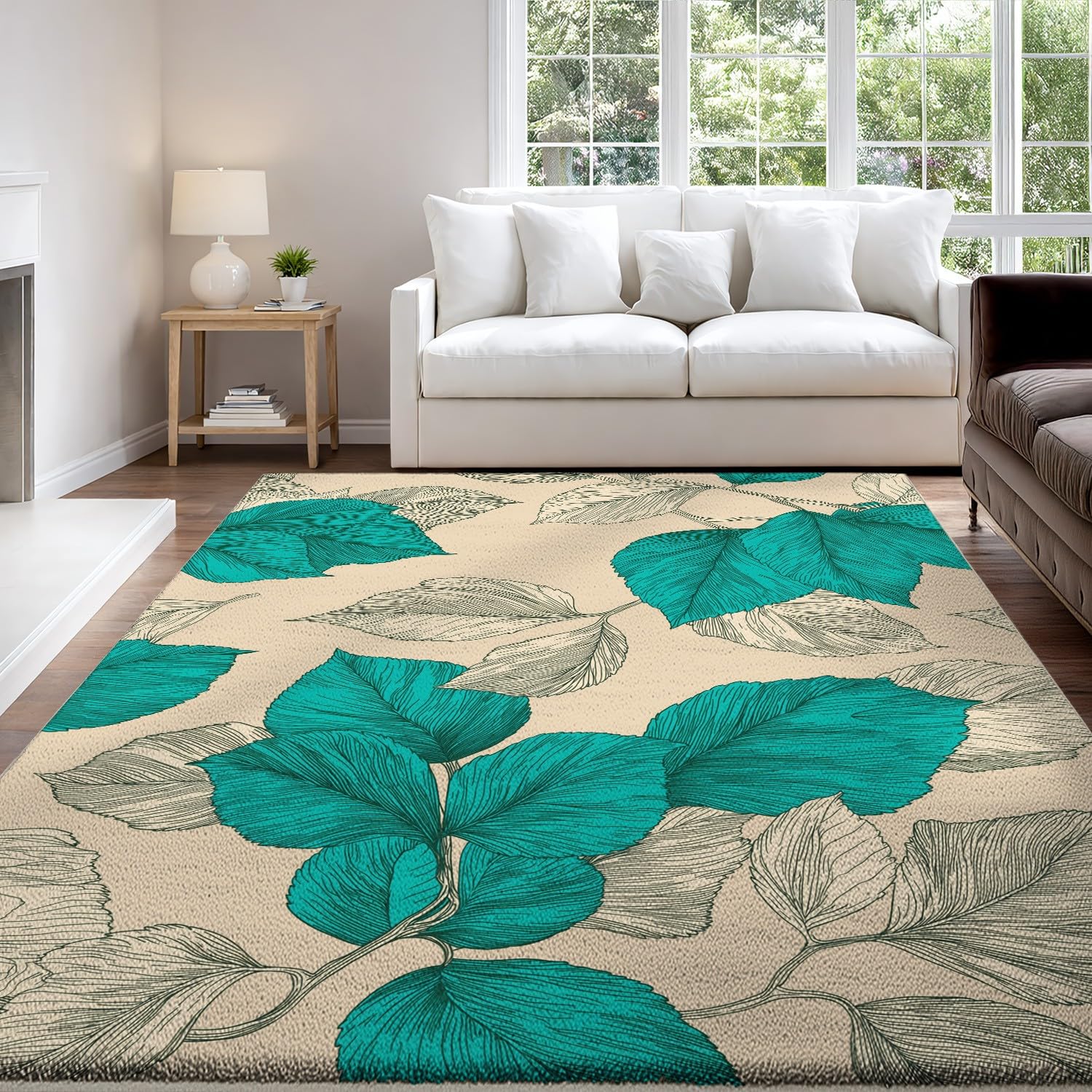 Ogólny, wykwintny kwadratowy dywan flanelowy 160 x 230 cm – nadaje się do prania i antypoślizgowy, nowoczesny, minimalistyczny dywan w liście, do sypialni, biura lub jadalni, beżowy, cyjan