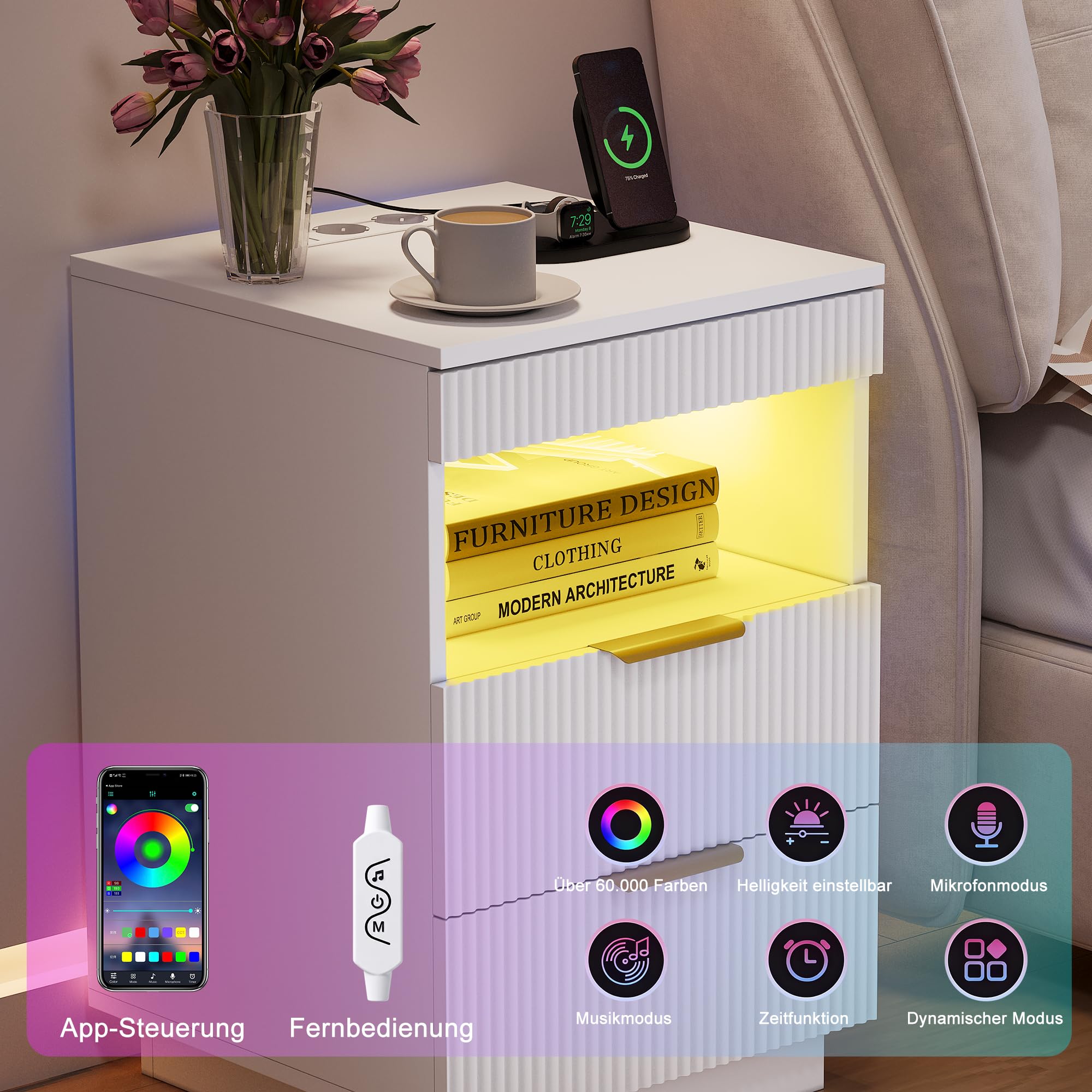 Zestaw 2 stolików nocnych, szafka nocna LED z 2 szufladami, taca, tajna przegródka, otwarta półka, USB i gniazdko, metalowe uchwyty, nowoczesny stolik pomocniczy, stolik kawowy do sypialni
