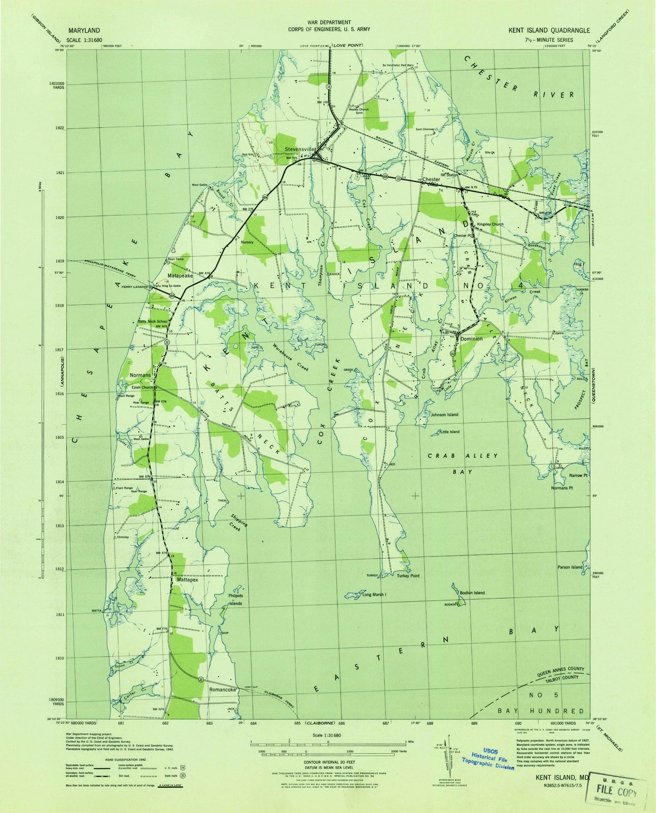 1943 Kent Island, MD - Maryland - USGS Historical Topographic Map : 18in x 24in, Large Wall Art Map