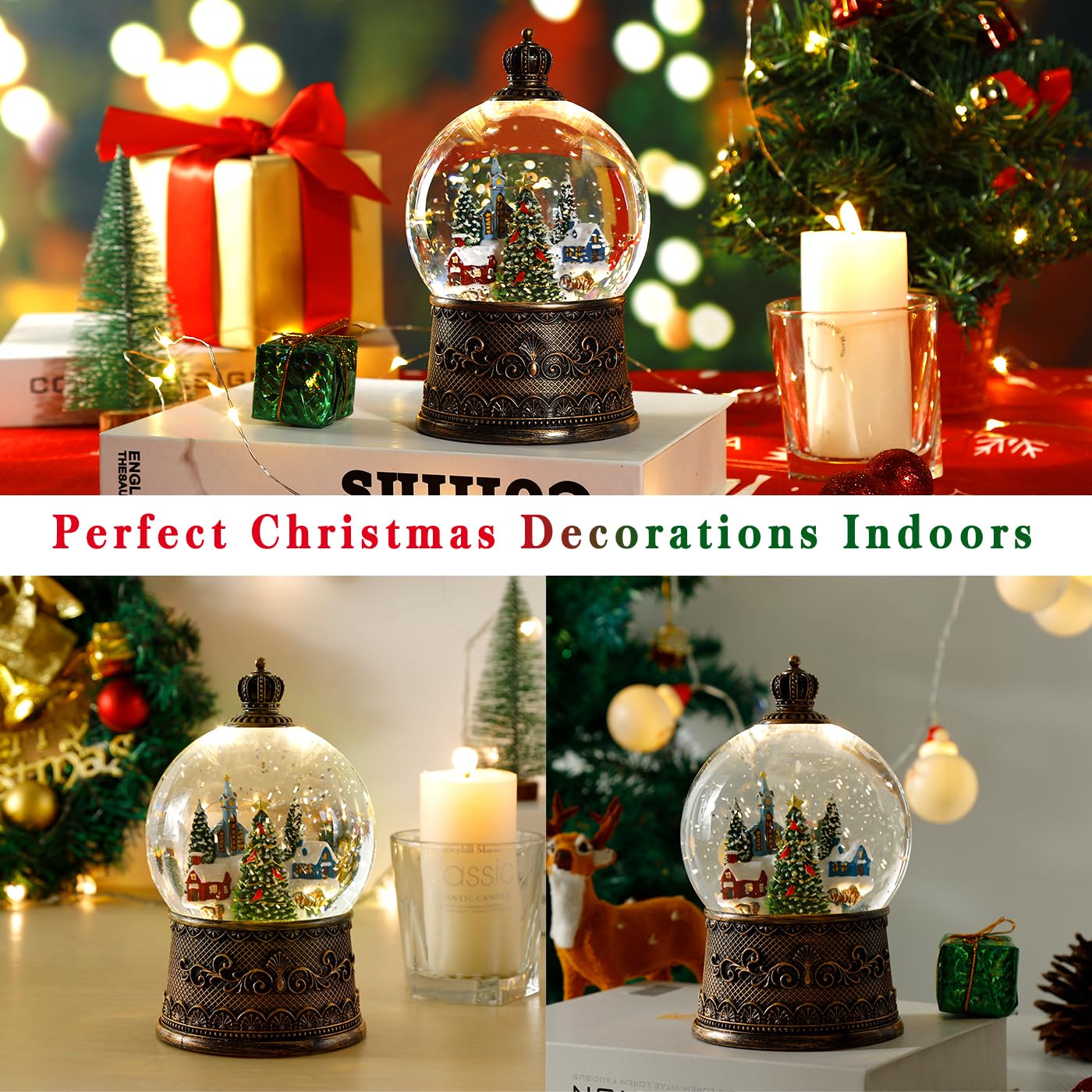 Boule à neige de Noël de 100 mm avec musique et fontaine Lanterne de Noël Décorations Village enneigé avec grand sapin de Noël Double mode d'alimentation : USB et piles