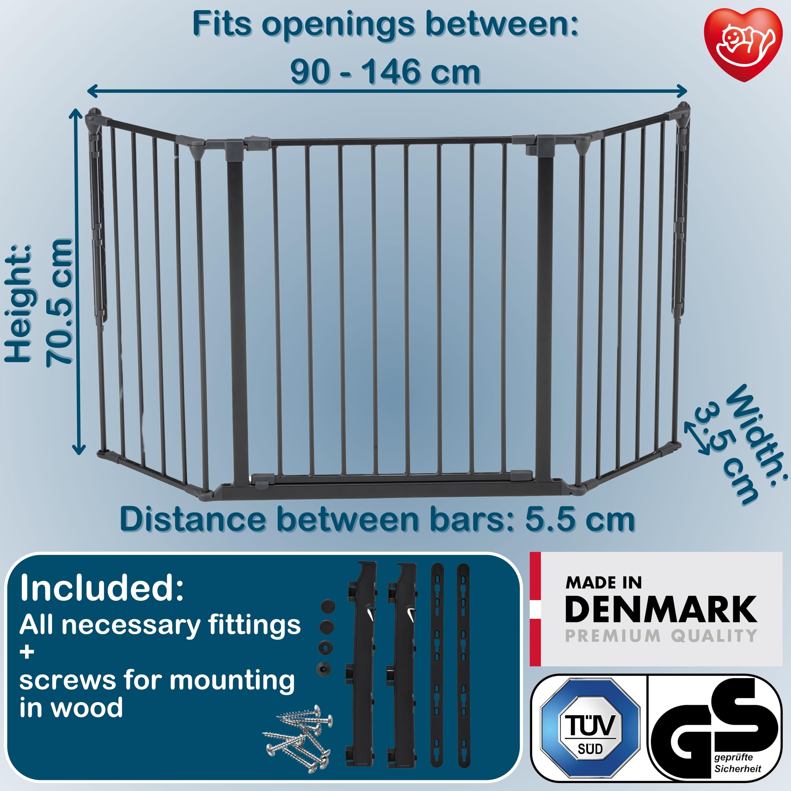 BabyDan Flex M 90-146 cm, bramka schodowa/ścianka działowa, czarna, wyprodukowana w Danii, bramka bezpieczeństwa (bramka dla zwierząt domowych, bramka dla psów/kojec dla psów)