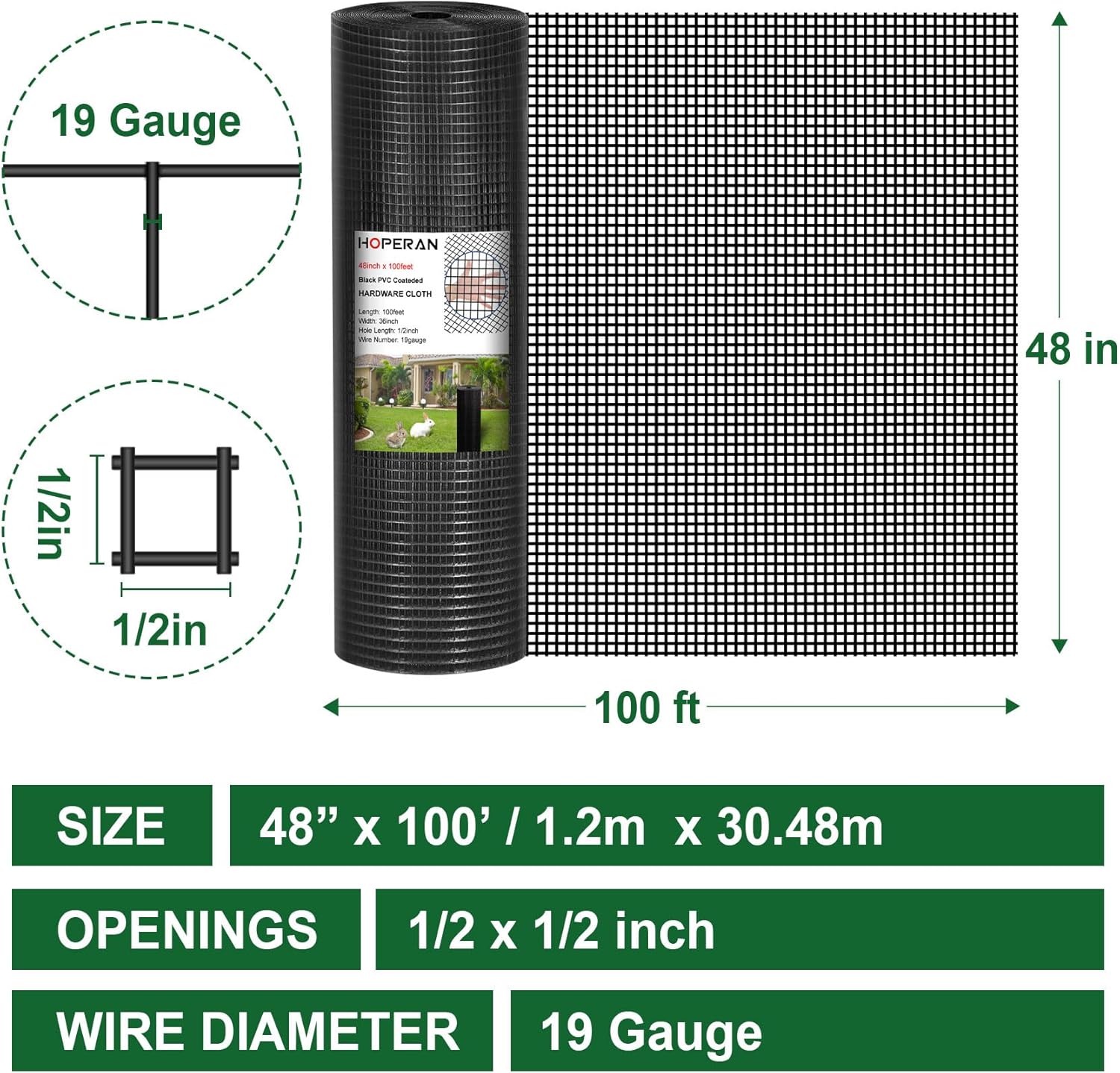 HOPERAN Black Hardware Cloth 1/2 inch 48 inch x 100 Foot 19 Gauge - Vinyl Coated Welded Chicken Wire Fencing Mesh, PVC Wire Fence Roll for Garden Fence, Gopher Wire and Poultry Netting Cage