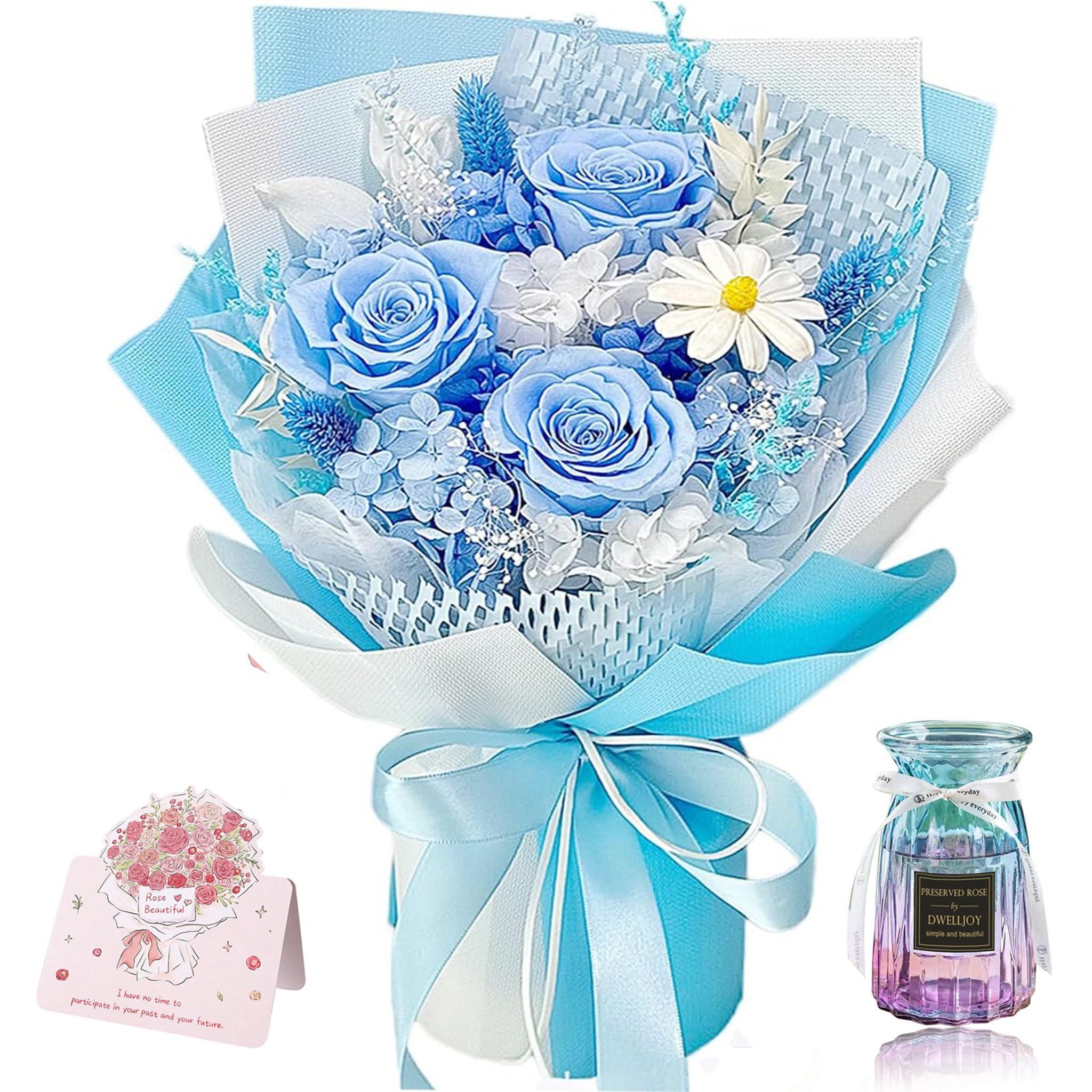 Preserved Flowers Bouquet with Vase, 3 Real Forever Flowers for Delivery, Long-Lasting Pink Eteranl Roses Bouquet Birthday Gifts for Women, Mother, Wife, Her (Romantic blue bouquet)