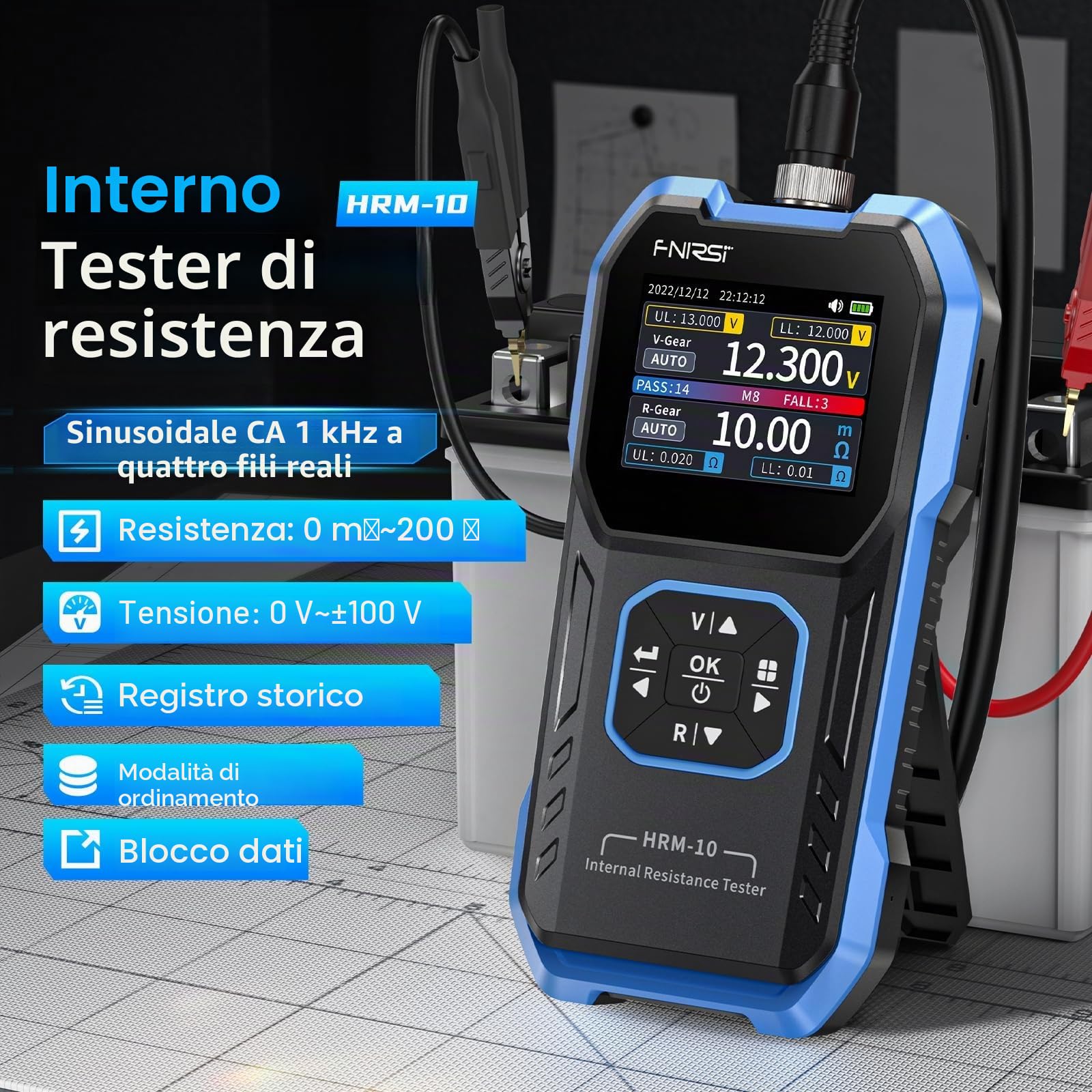 FNIRSI HRM-10 Tester di Resistenza Interna per Batterie, Milliohmmetro 100V e 200Ω, Tester per Batterie Auto, AAA, AA e Altri Tipi di Battery, Analizzatore per Batterie Domestiche