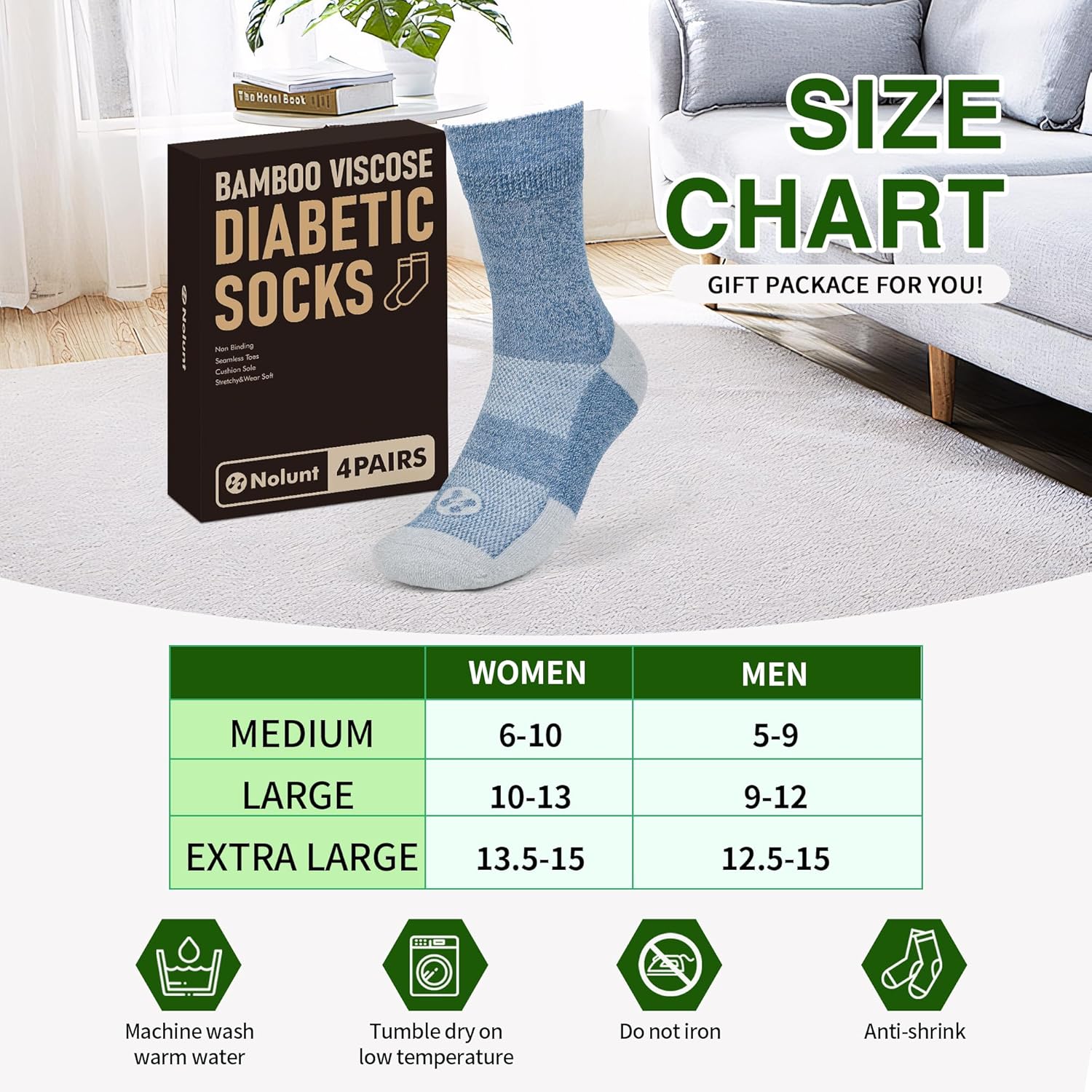 Diabetic Socks for Men,4 Pairs Crew Diabetic Neuropathy Socks for Men Size 9-11/10-13/13-15. - Image 4