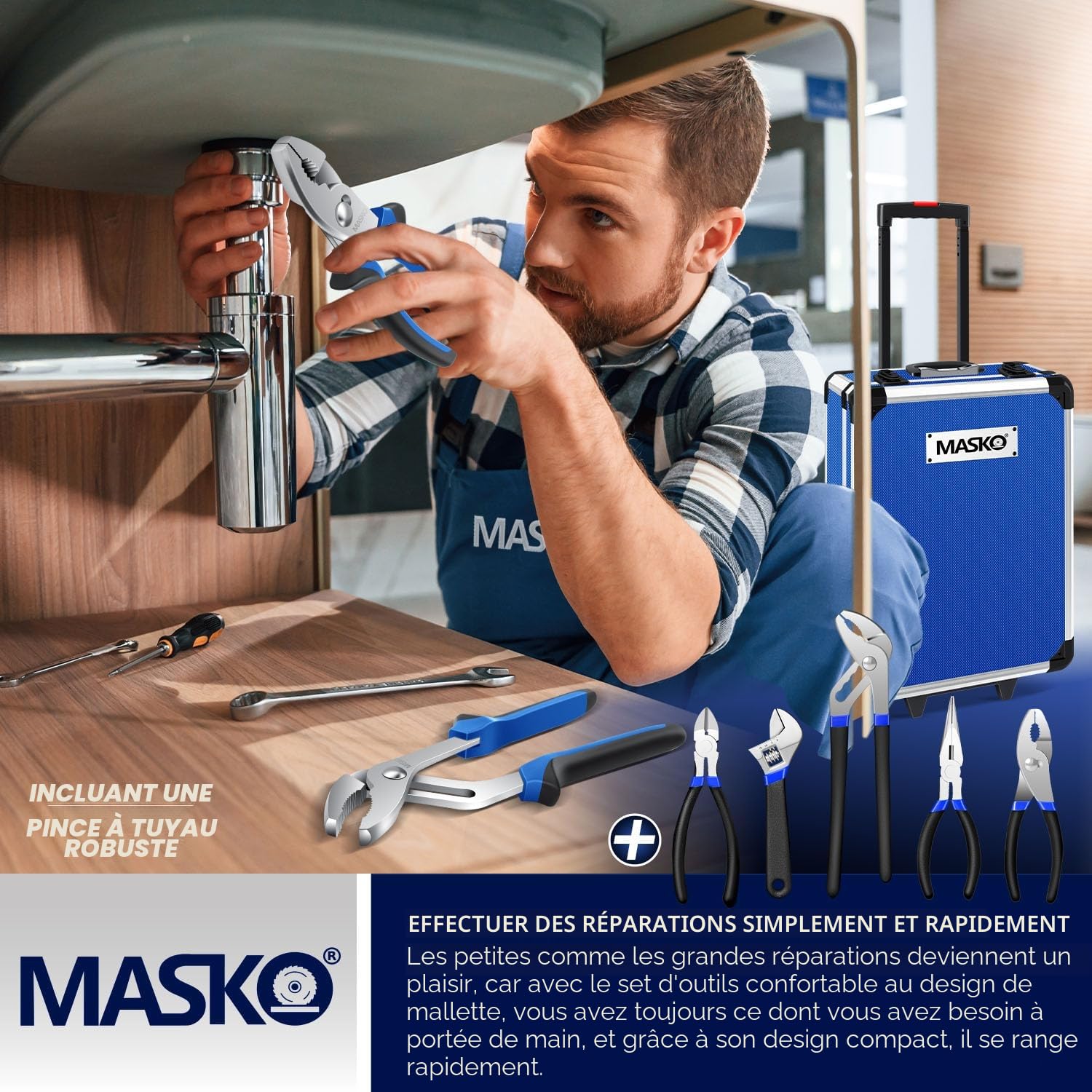 MASKO® Mallette à outils remplie de 1400 pièces | Kit d'outils dans une mallette en aluminium | Boîte à outils avec roulettes | Boîte à outils pour la maison, les loisirs, la voiture | Fonction