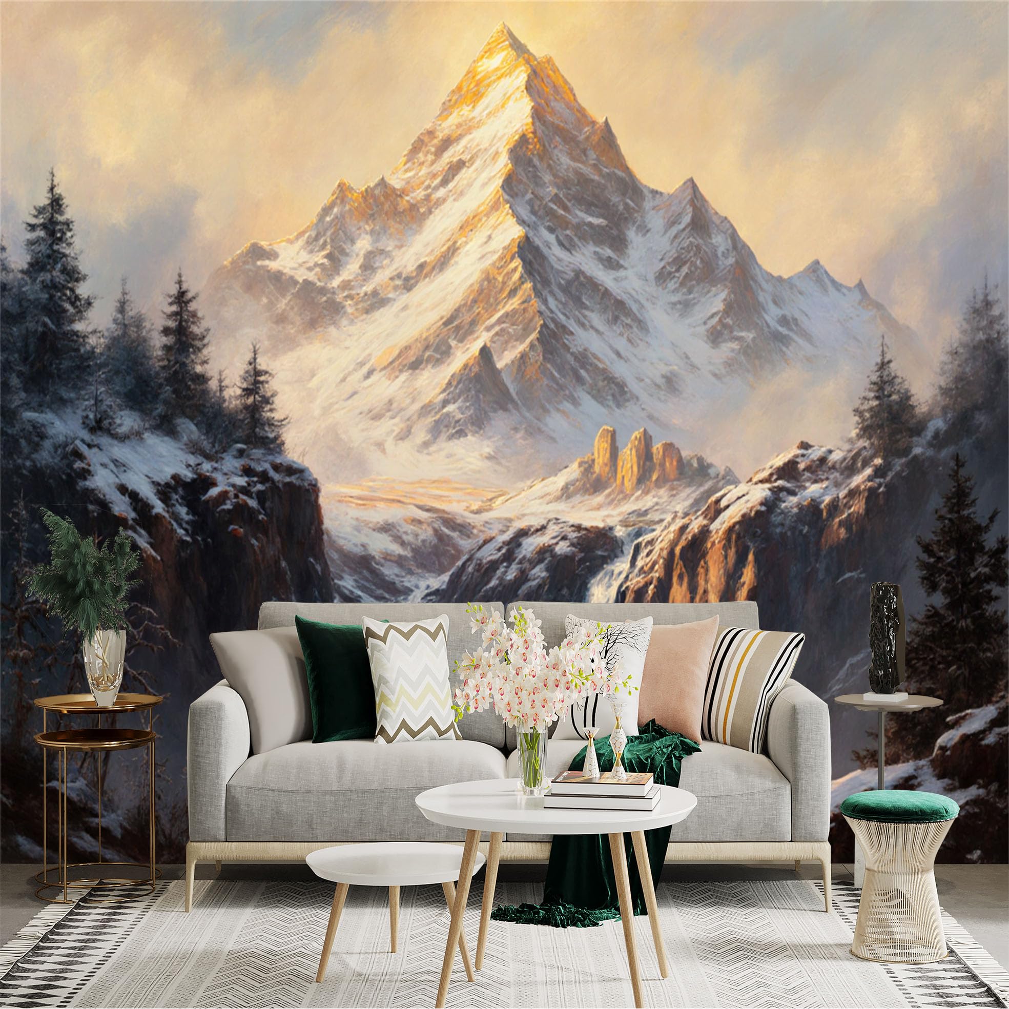 Lnzczhyre Xc260505216 Custom Size Wall Sticker Mural， Snow Capped Mountain Peak， Majestic Golden Sunlight， Winter Waterfall Scenery， For Wall Decoration， Peelandstick Wall Decals.
