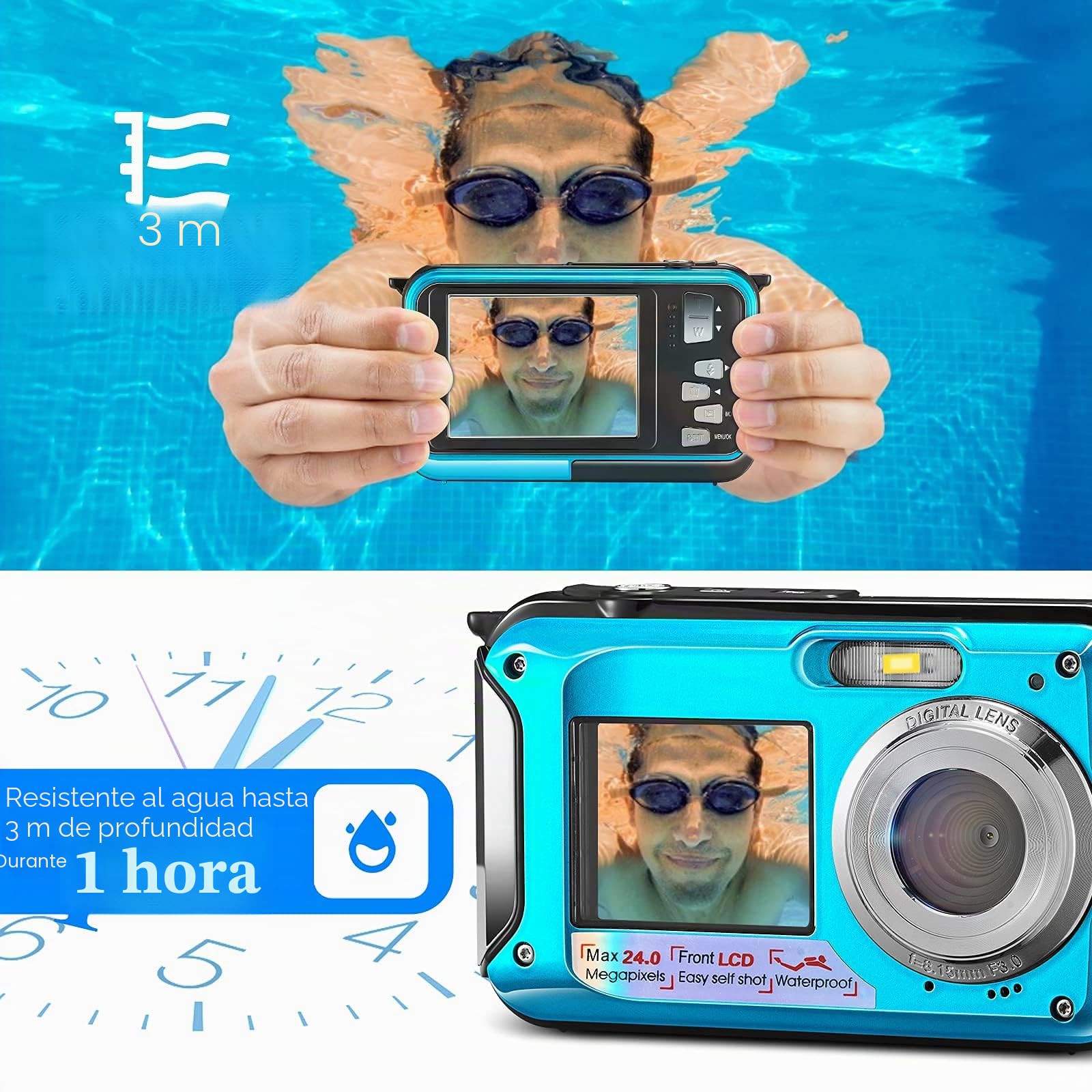 Cámara Acuatica, Aomdom FHD 2.7K 24MP Cámara Subacuática con Zoom Digital 16X, Cámara Digital a Prueba de Agua Pantallas Duales micrófono, LED y Temporizador para niños y Principiantes