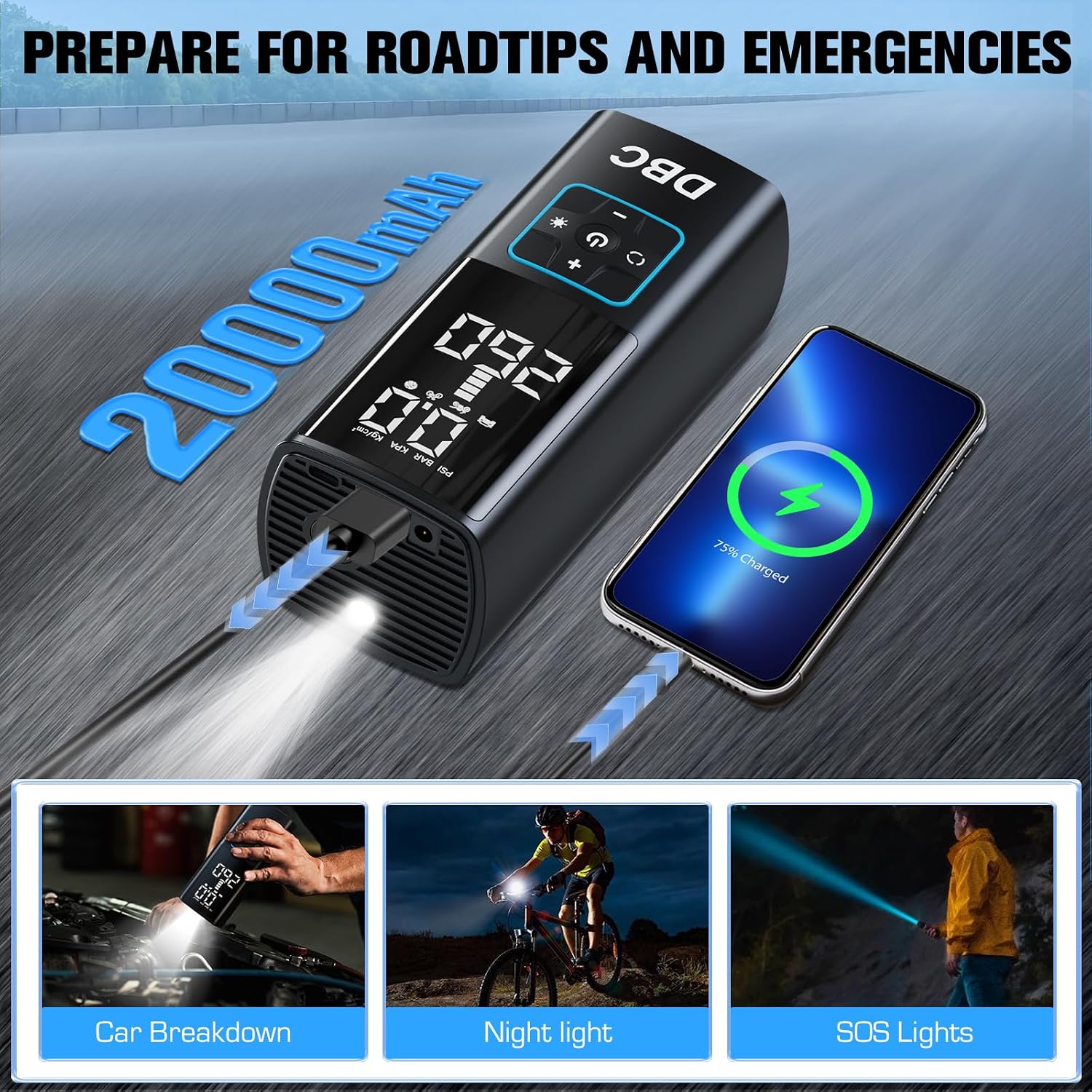DBC Tire Inflator Portable Air Compressor, 3X Faster Cordless Bike Pump, 20000mAh & 150PSI Portable Air Pump for Car Tires With Digital Dual Values Display for Car, Bike, Motorcycle, Ball