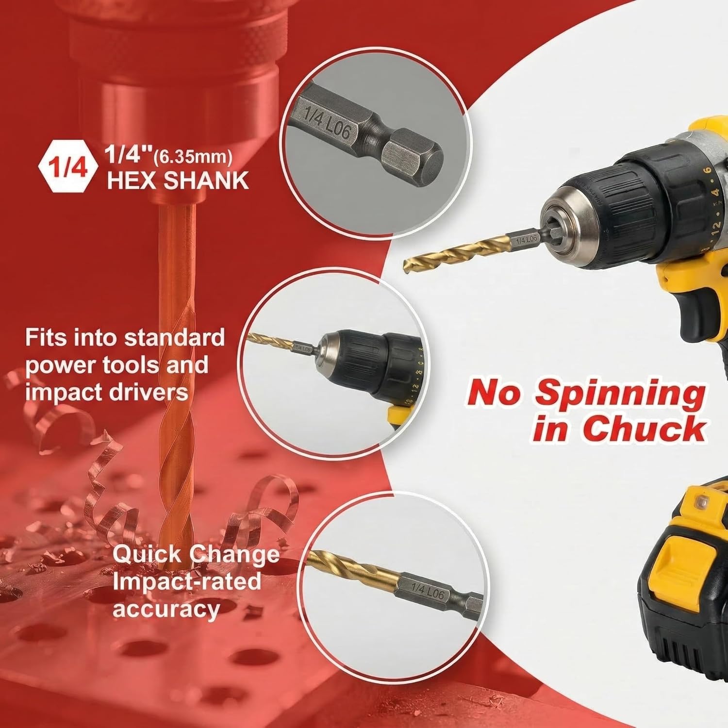 Impact Drill Bit Set 10pcs,1/16-1/4 Inch Titanium Hex Drill Bit Set, M2 HSS 1/4 Inch Hex Shank Quick Change,135 Degree Split Point, for Metal Steel Wood Plastic, Impact Driver Ready