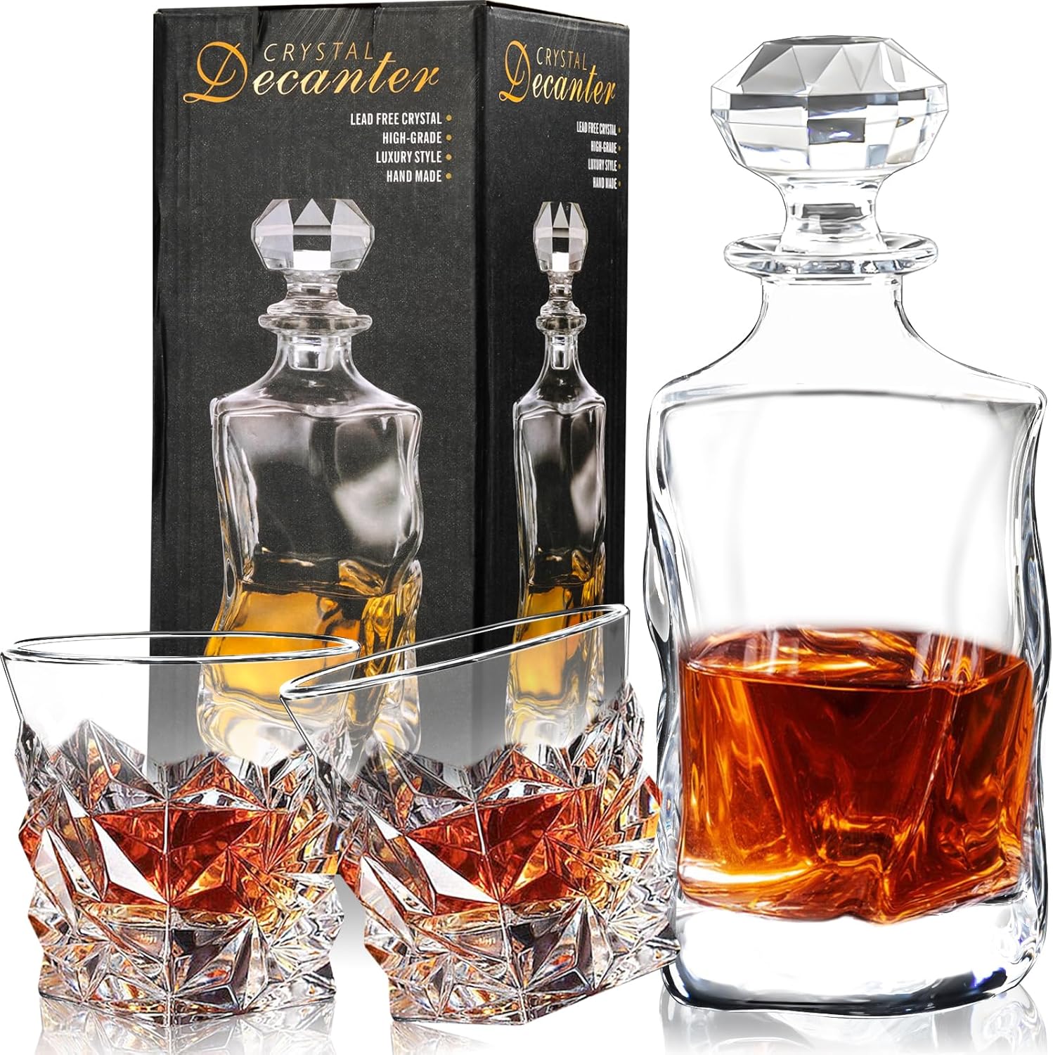 Whiskey Decanter Set for Men, 25 oz Crystal Decanter Set with 2 Crystal Glasses, Non-Lead Whiskey Glass Decanter Set Fit Whiskey&Bourbon, Gift for Men Dad Boyfriend Anniversary Housewarming, Christmas