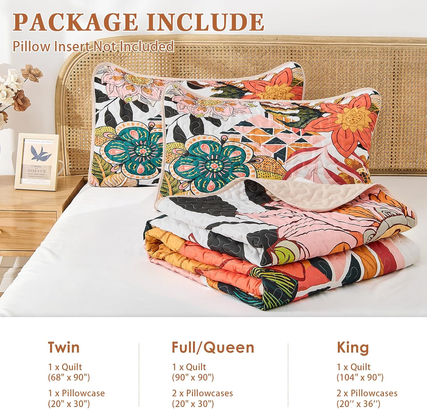 Quilt Set King Size, Boho Floral 3 Pcs Soft Bed Cover Bedding Set, Mid Century Flowers Lightweight Bedspread Coverlet with 2 Pillow Sham for All Season