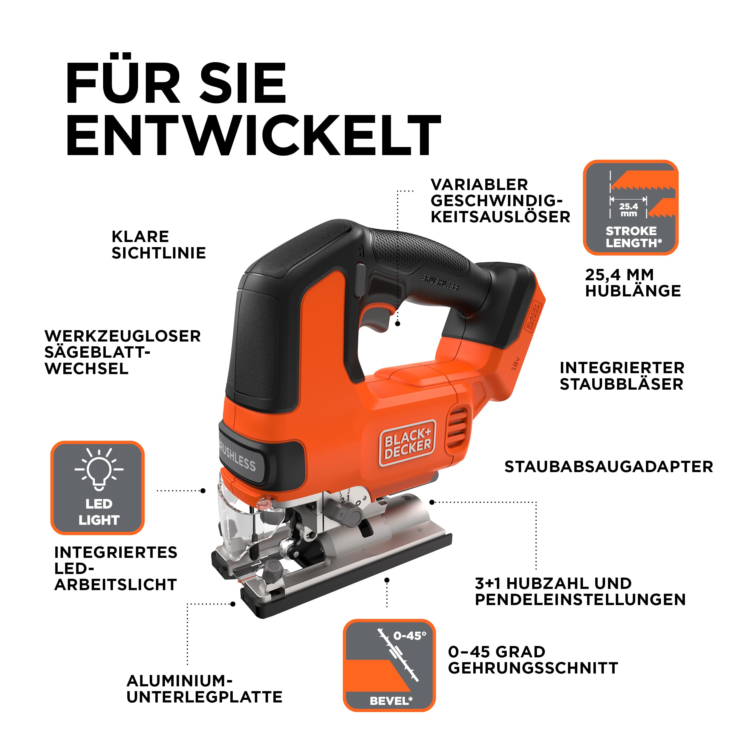 BLACK+DECKER bürstenlose Akku-Stichsäge, 18VSologerät, nur das Werkzeug, mit 6 Sägeblättern, Akkunicht enthalten, BLCJS78NZ-XJ