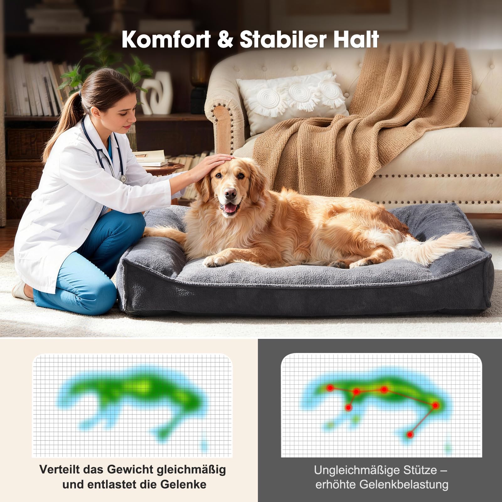 Cama Perro Mediano,Cama para Perros Ergonómica Gruesa,97x71x22cm