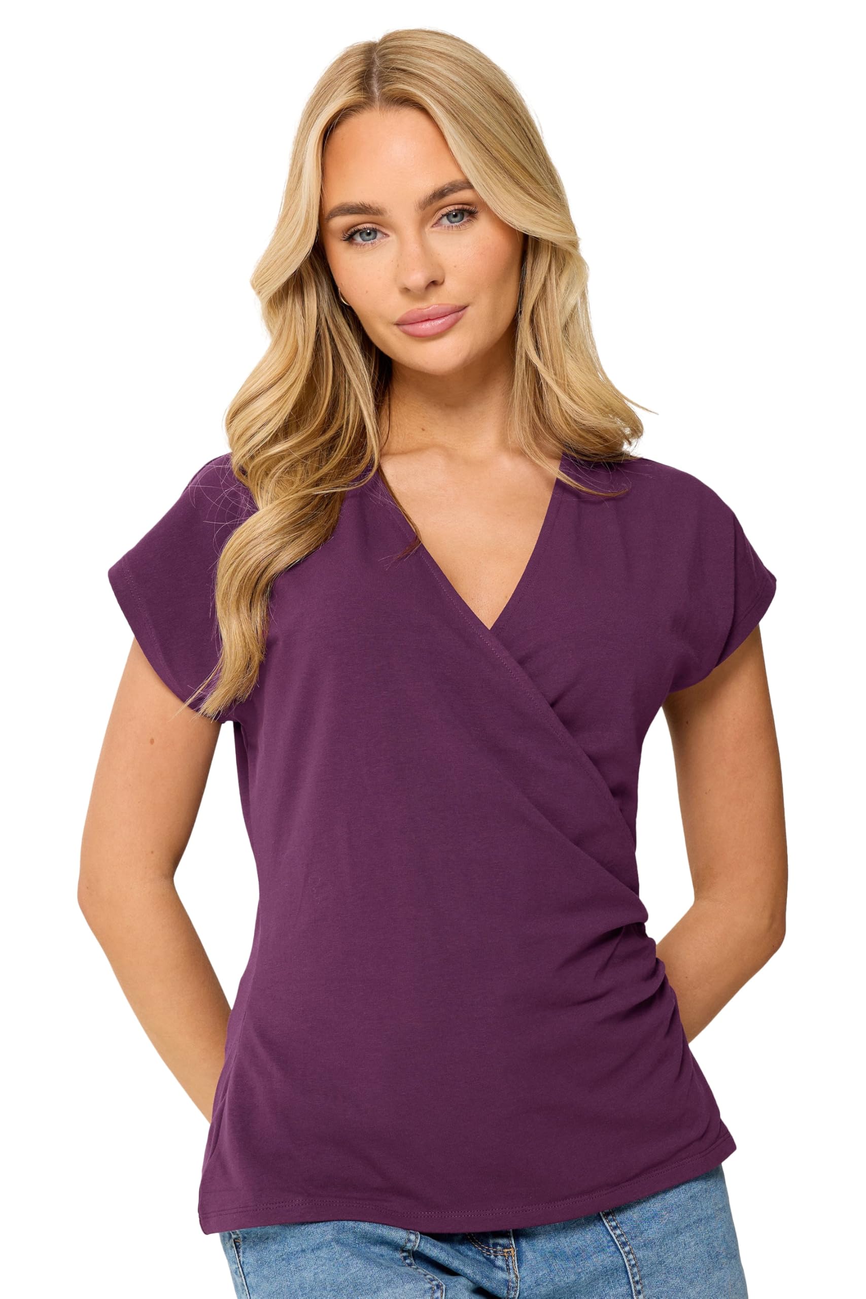 M&Co Women's Purple Berry Grown-On Sleeve Wrap Top