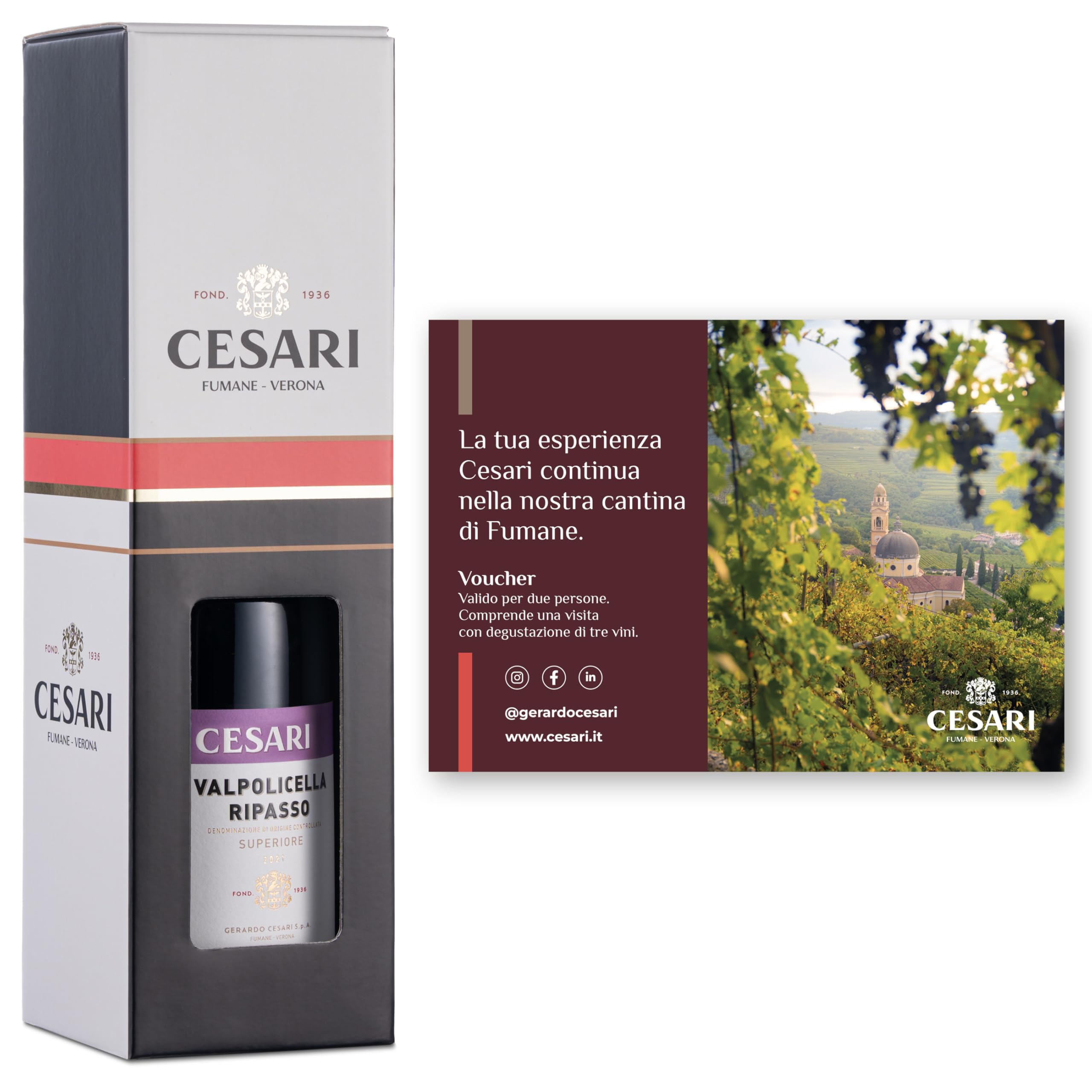 Cesari - Confezione regalo con Esclusiva Esperienza Cesari per 2 persone e Valpolicella Ripasso DOC 2021-1 bottiglia da 750 ml