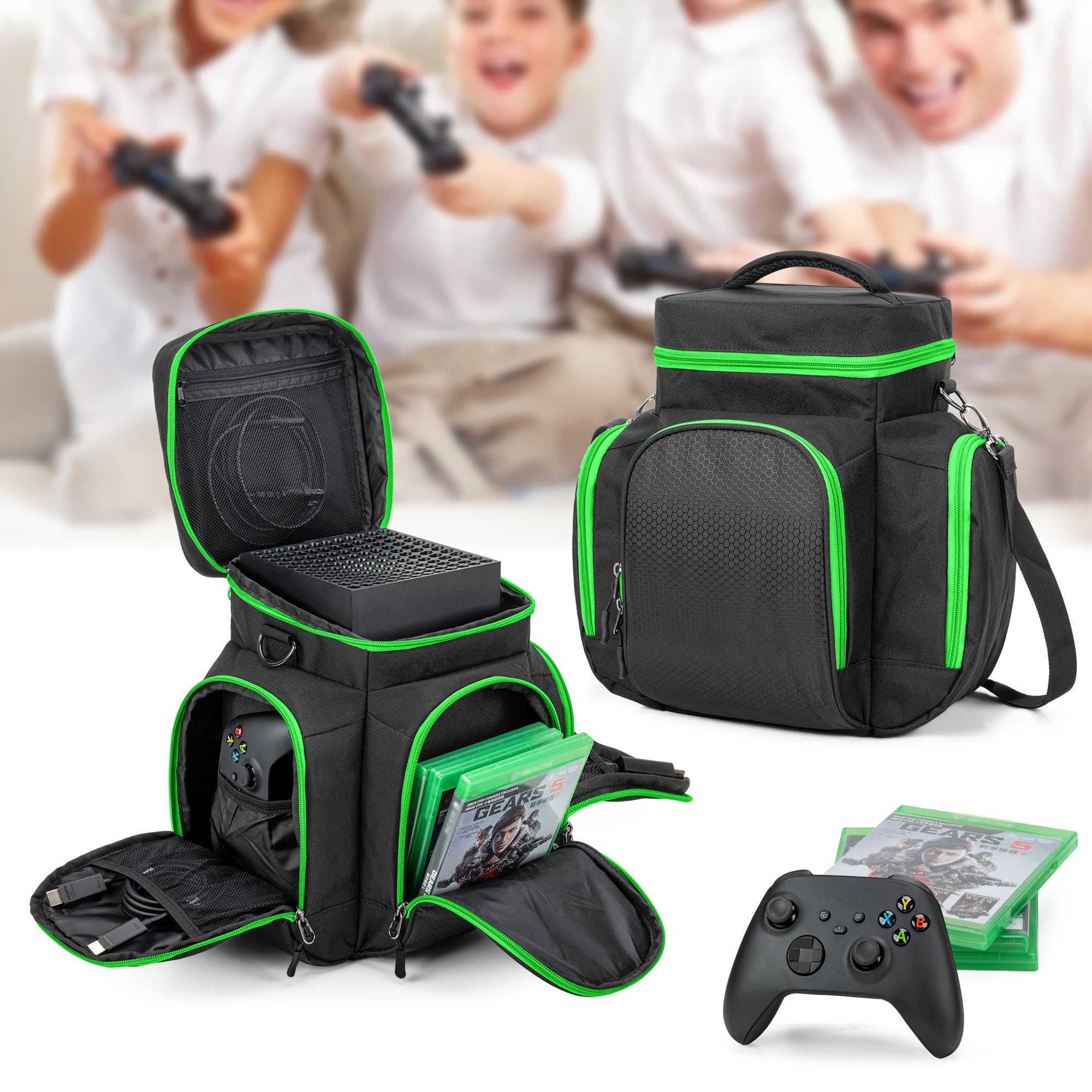 Trunab Console Carrying Case Compatible with Xbox Series X, Travel Bag with Multiple Storage Pockets for Xbox Controllers, Headset, Games, Cables, Portable Hard Disk and Other Accessories, Green