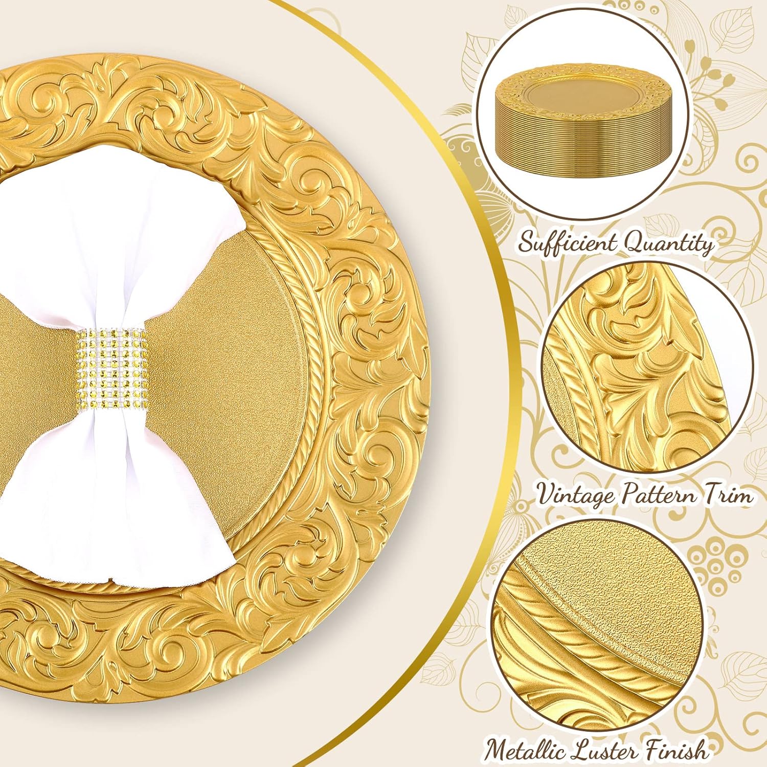 Uiifan 100 Pcs Gold Charger Plates Bulk 13'' Antique Plastic Plate Chargers Decorative Round Dinner Plates Embossed Rim Serving Plate for Wedding Party Holiday Event Catering Tabletop Decoration