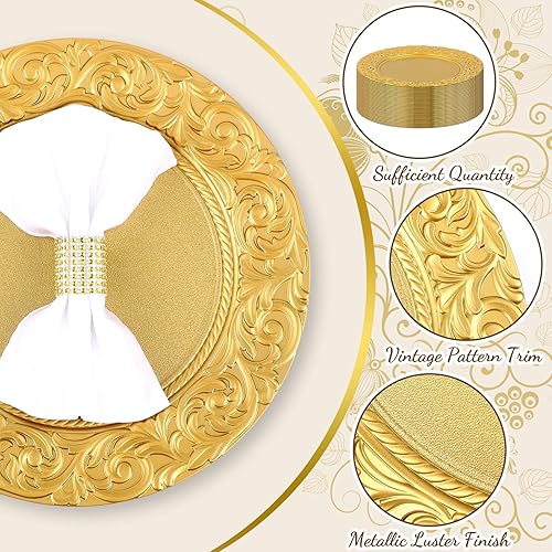 Miniatura 3 de Uiifan Platos de carga antiguos a granel de plástico en relieve de 13 pulgadas, platos florales redondos para bodas, cargadores decorativos para