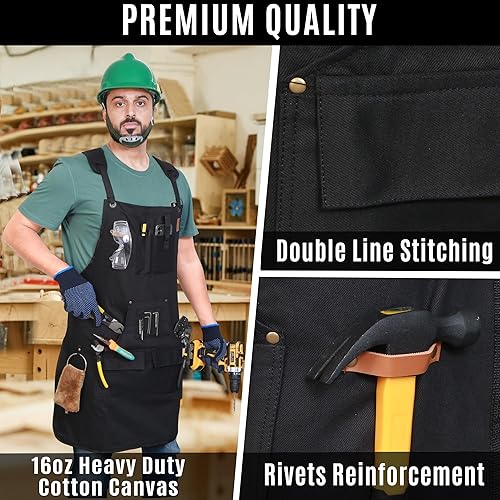 Miniatura 5 de Woodworking Apron for Men - 9 Reinforced Pockets Durable Canvas Padded Cross Straps - Woodworking Gifts for Men