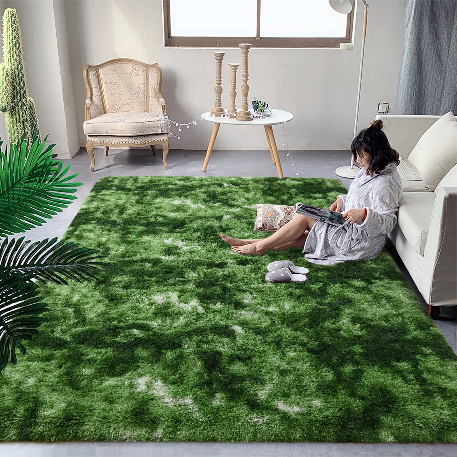 Alfombra verde oscuro de 3x5 pies extra cómoda y peluda con fondo antideslizante para dormitorio